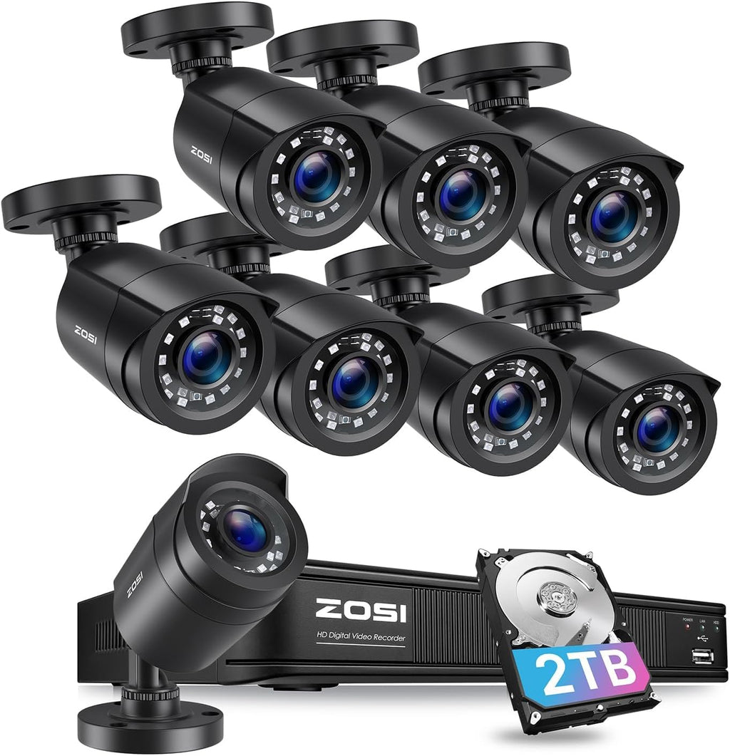 ZOSI H.265+ 1080p Security Camera System Outdoor Indoor, 5MP Lite CCTV DVR 8 Channel with 2TB HDD for 24/7 Record & 8 x 1080p Weatherproof Surveillance Bullet Camera, Remote Access, Motion Detection