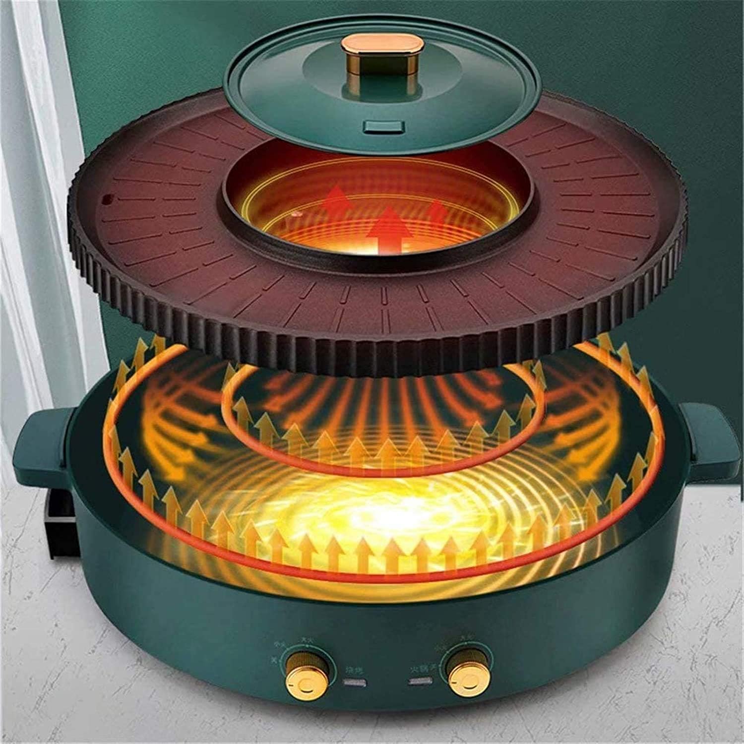 Barbecue Hotpot Indoor Electric Grills Household Barbecue Hot Pot Two-in-One Double Pot 1700W Barbecue Hot Pot (Color : Green 2, Size : 34 * 10CM)