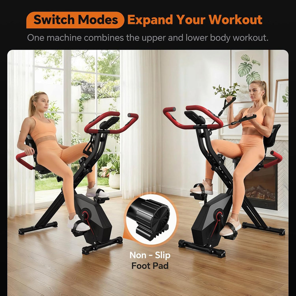 USLIM Foldable Exercise Bike Stationary Bikes for Home, 5 IN 1 Indoor Workout Bike, Cycling Bike with 16-Level Quiet Magnetic Resistance, 6.6 LBS Flywheel and 300LBS Capacity for Senior and Home Workout