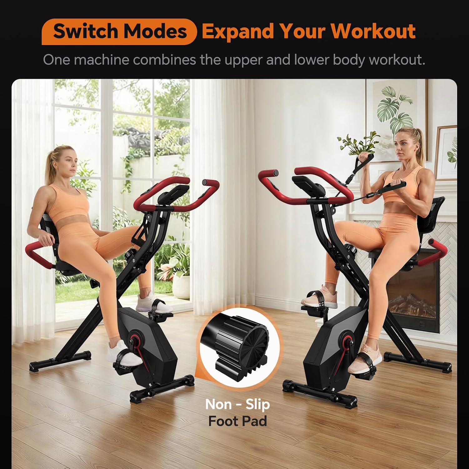 USLIM Foldable Exercise Bike Stationary Bikes for Home, 5 IN 1 Indoor Workout Bike, Cycling Bike with 16-Level Quiet Magnetic Resistance, 6.6 LBS Flywheel and 300LBS Capacity for Senior and Home Workout