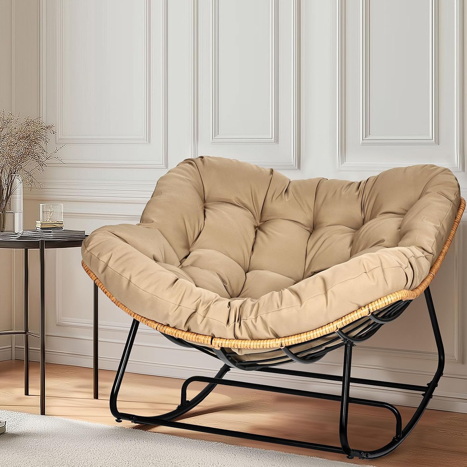 Papasan Chair, Outdoor Rocking Chair with Cushion, 450LB Heavy Duty Egg Chair, Indoor Outdoor Patio Rocking Chairs for Balcony, Porch, Living Room, Bedroom, Lawn, Garden (Coffee.)