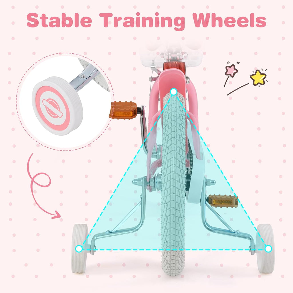 BABY JOY Kids Bike, 12 14 16 18 20 Inch Boys Girls Bike w/Adjustable Seat, Removable Basket, Handbrake & Coaster Brake, Training Wheels or Kickstand, Kids Bicycle with Multi-Color