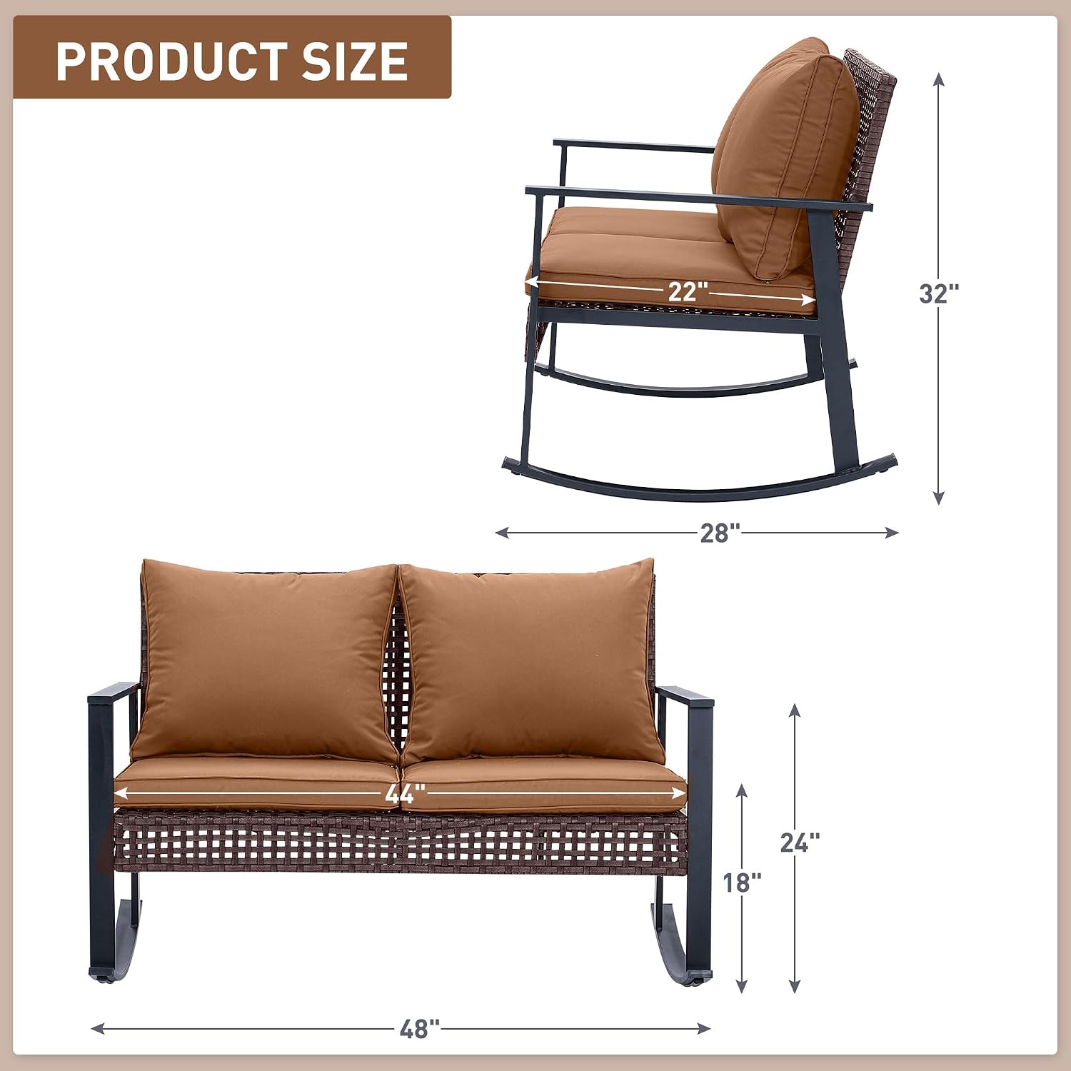 GDY Outdoor Wicker Loveseat Rocking Chair, Patio Outdoor Furniture Conversation Sets, Rattan Rocker Chair with Cushions, Modern Cozy Rocking Wicker Furniture for Garden, Porch, Poolside & Deck, Brown.