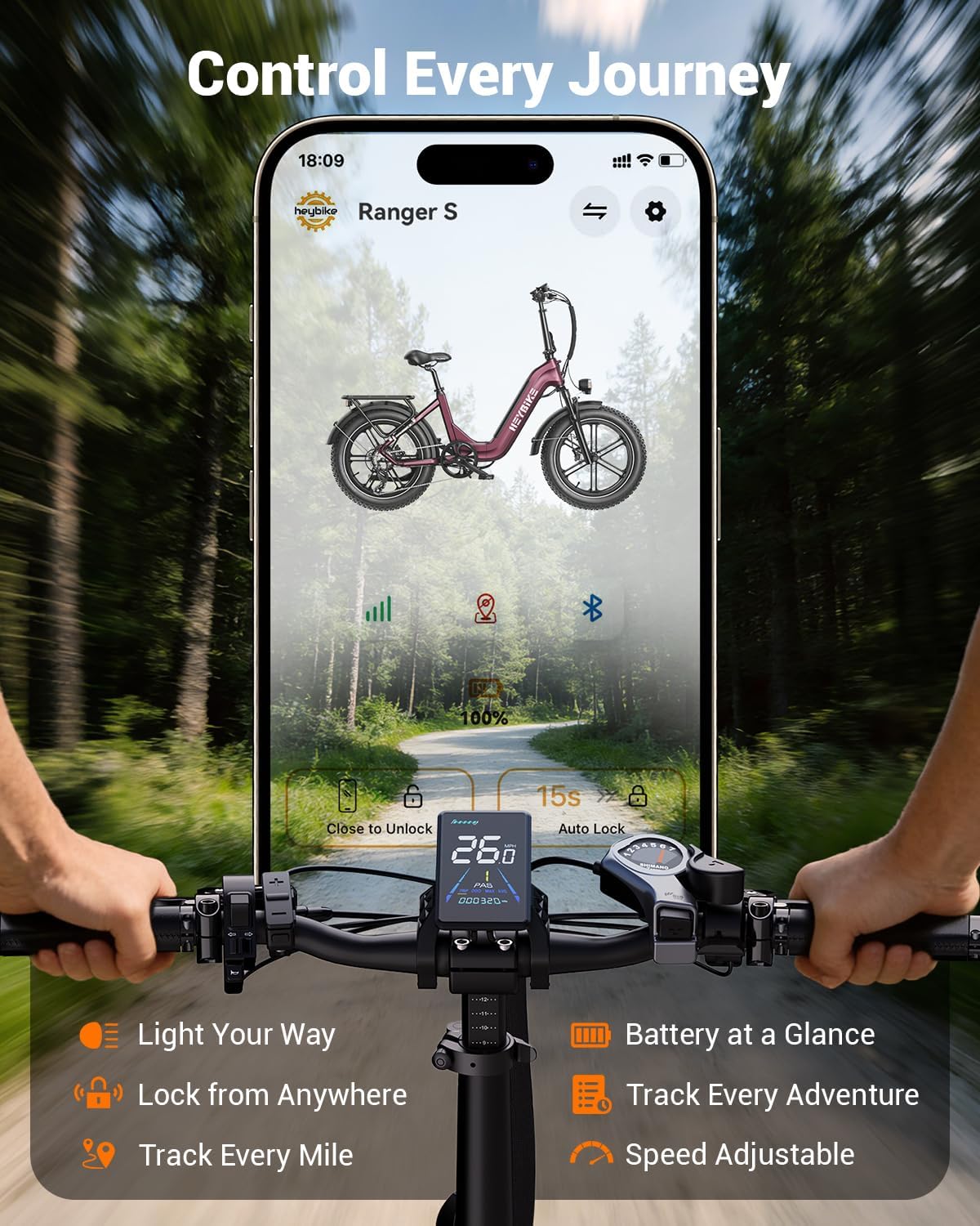 Heybike Ranger Foldable Electric Bike for Adults, 1200W/1800W Peak Motor, 28/32MPH E Bike, 55/90 Miles Range, 20'x4.0' Fat Tire Ebike with Removable Battery, Hydraulic Brakes for Snow, Beach,Commuting