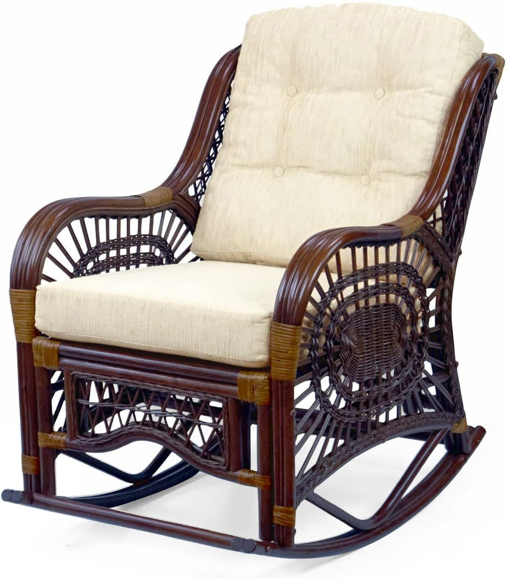 Malibu Lounge Rocking Chair Handmade ECO Natural Wicker Rattan Dark Brown Color with Cream Cushion, Indoor ONLY