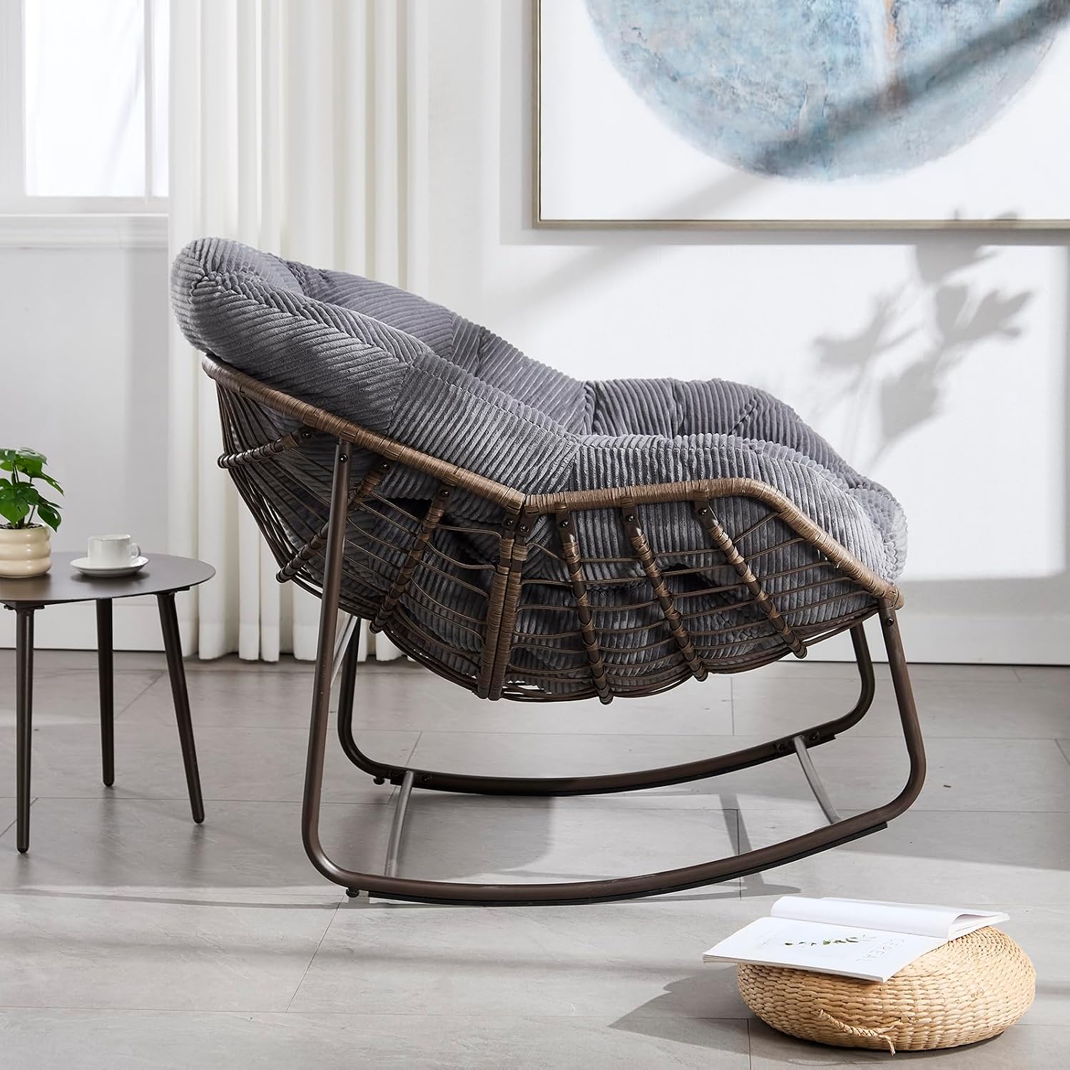 Rattan Rocking Chair for Indoor Outdoor Patio Oversized Wicker Egg Chair, Grey