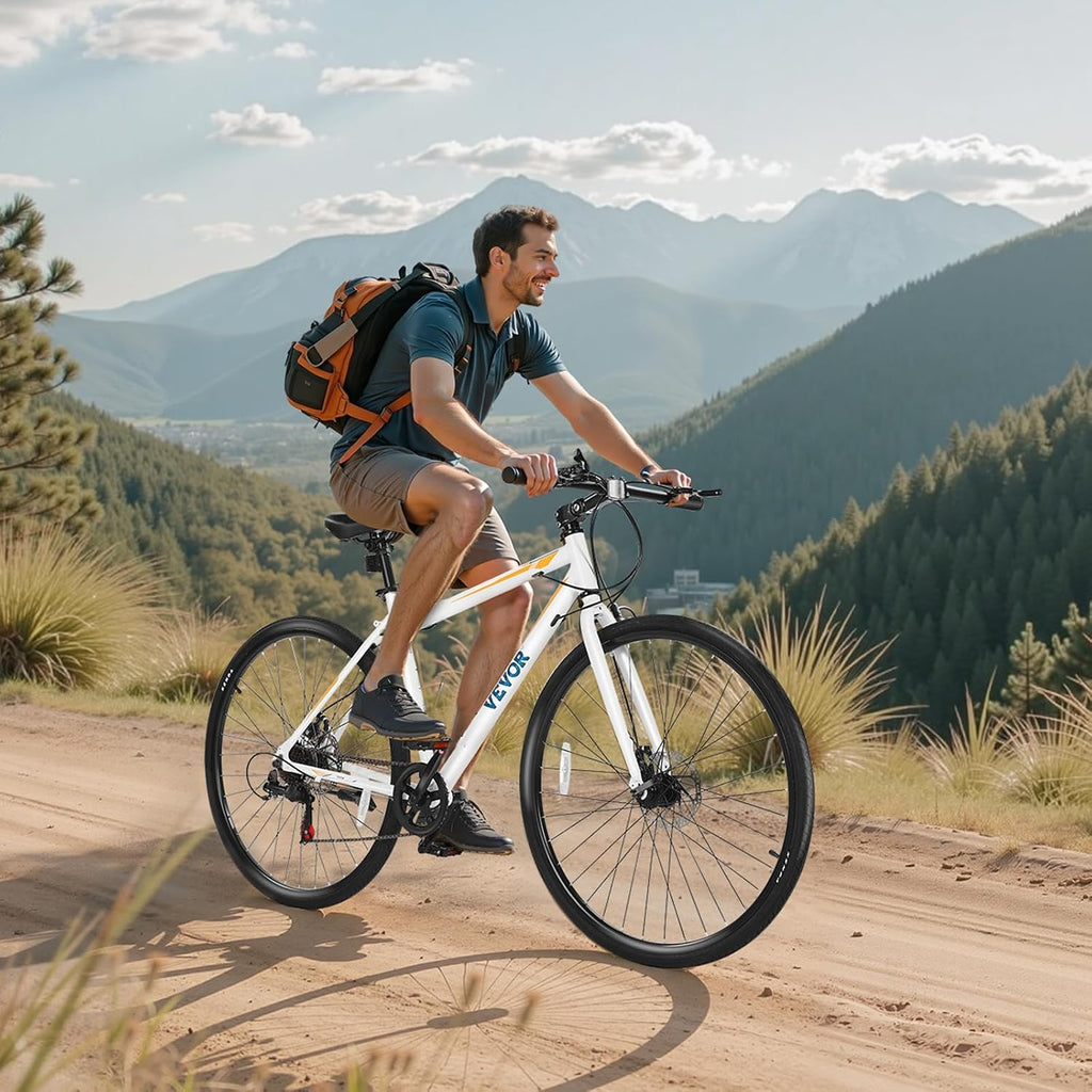 VEVOR Hybrid Bike, Lightweight Aluminum Frame Bike, 700c Wheel Men Women Hybrid Bicycle, Step-Over/Step-Through Adult Urban City Commuter Bikes, with 7/24 Speed, Alloy Adjustable Stem and Seat