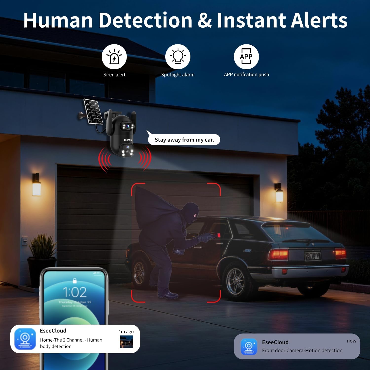 ESCANU Wireless Home Security Cameras System,Solar Power PTZ Outdoor Cameras,Motion Detection,Night Vision,Water-Proof,2-Way Audio,No Subscription Fee,Cloud/SD Card Storage