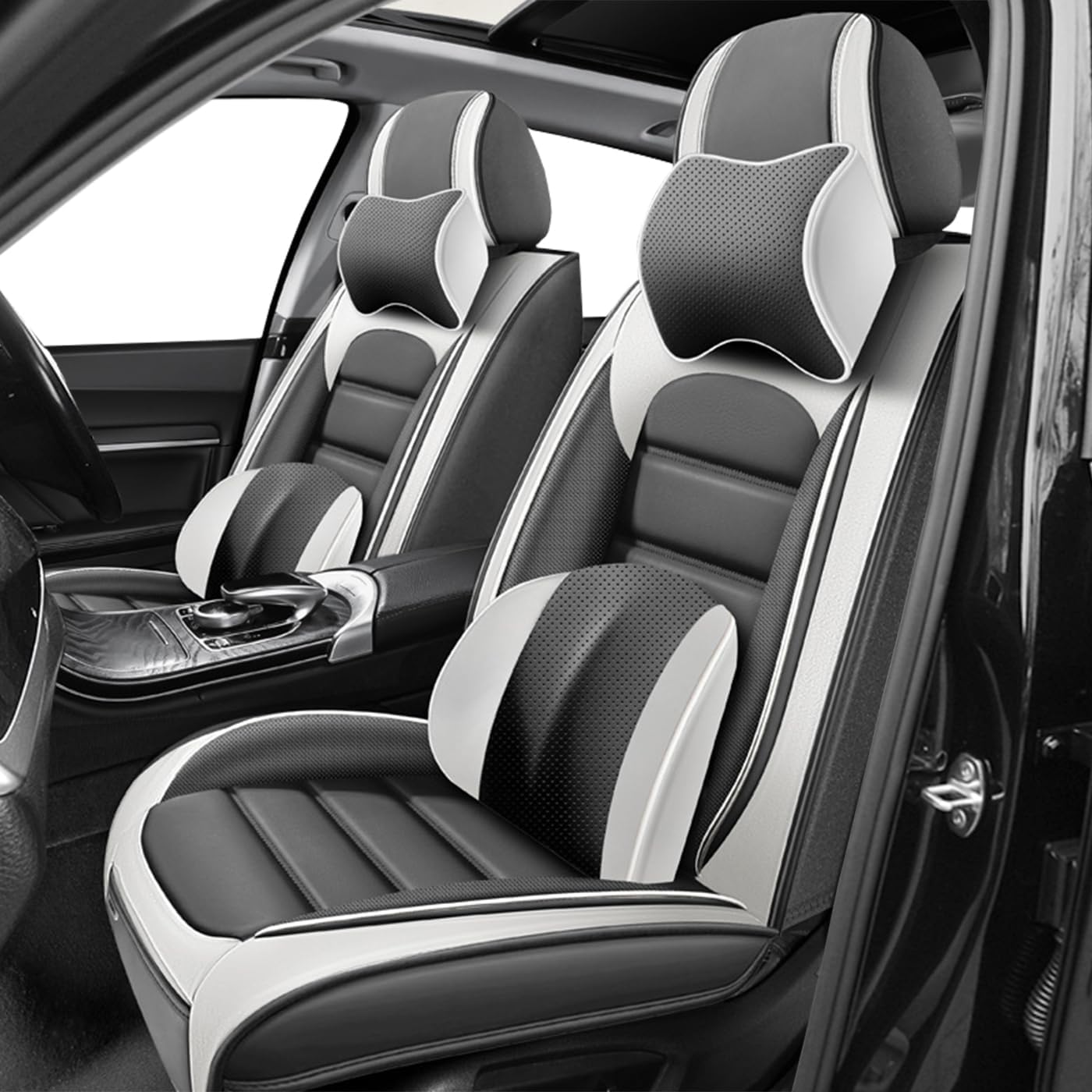 Car Seat Covers for CRV,for Honda CRV 2007-2024 2025,Waterproof Leather Seat Covers,Compatible Airbag,Front Set Comfort Car Seat Protectors for Most Cars(Pillows,Gray&White)