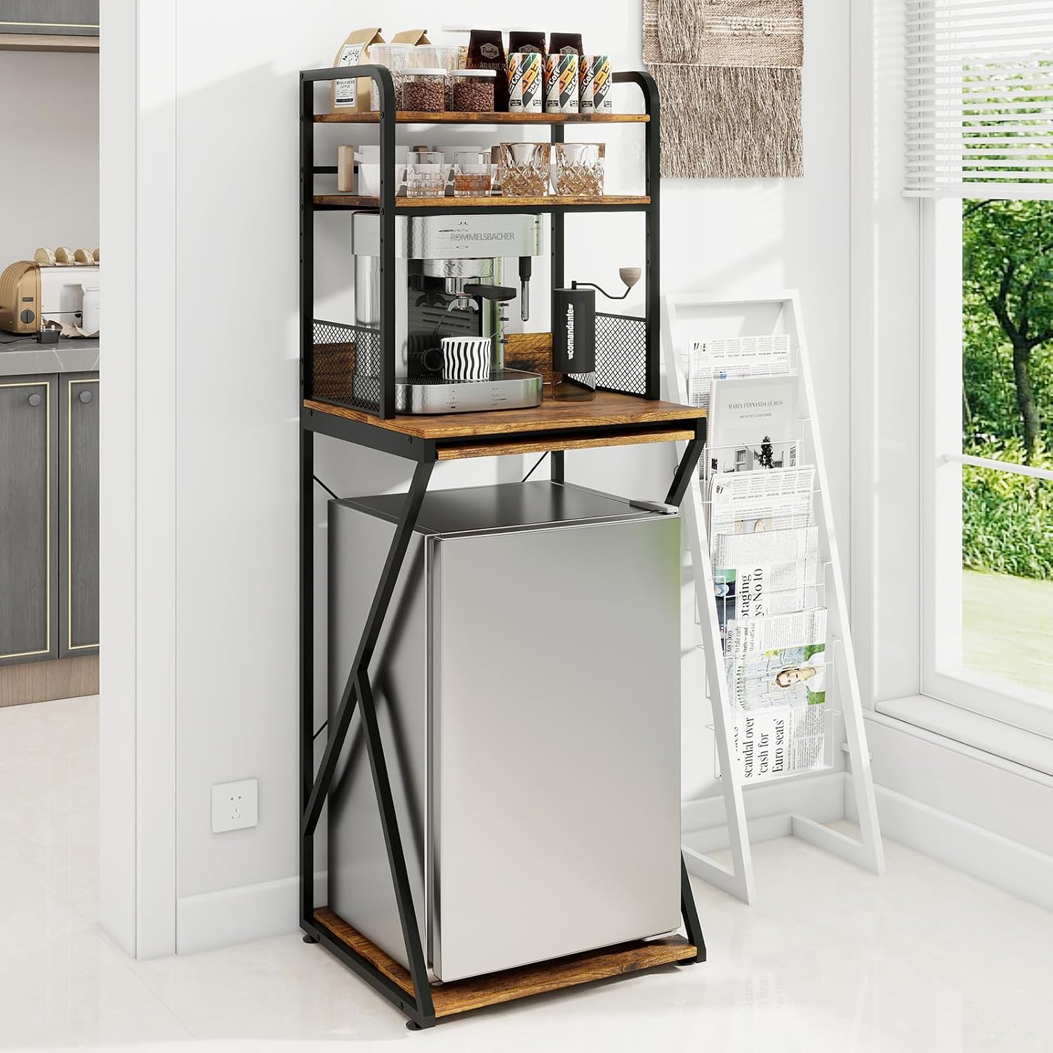 PUNCIA 4-Tier Mini Fridge Stand with Power Outlet & Storage, Coffee Bar Organizer, Refrigerator Cabinet & Microwave Shelf, Bakers Rack for Kitchen, Office, Dorm, Pantry, Apartment (Retro)