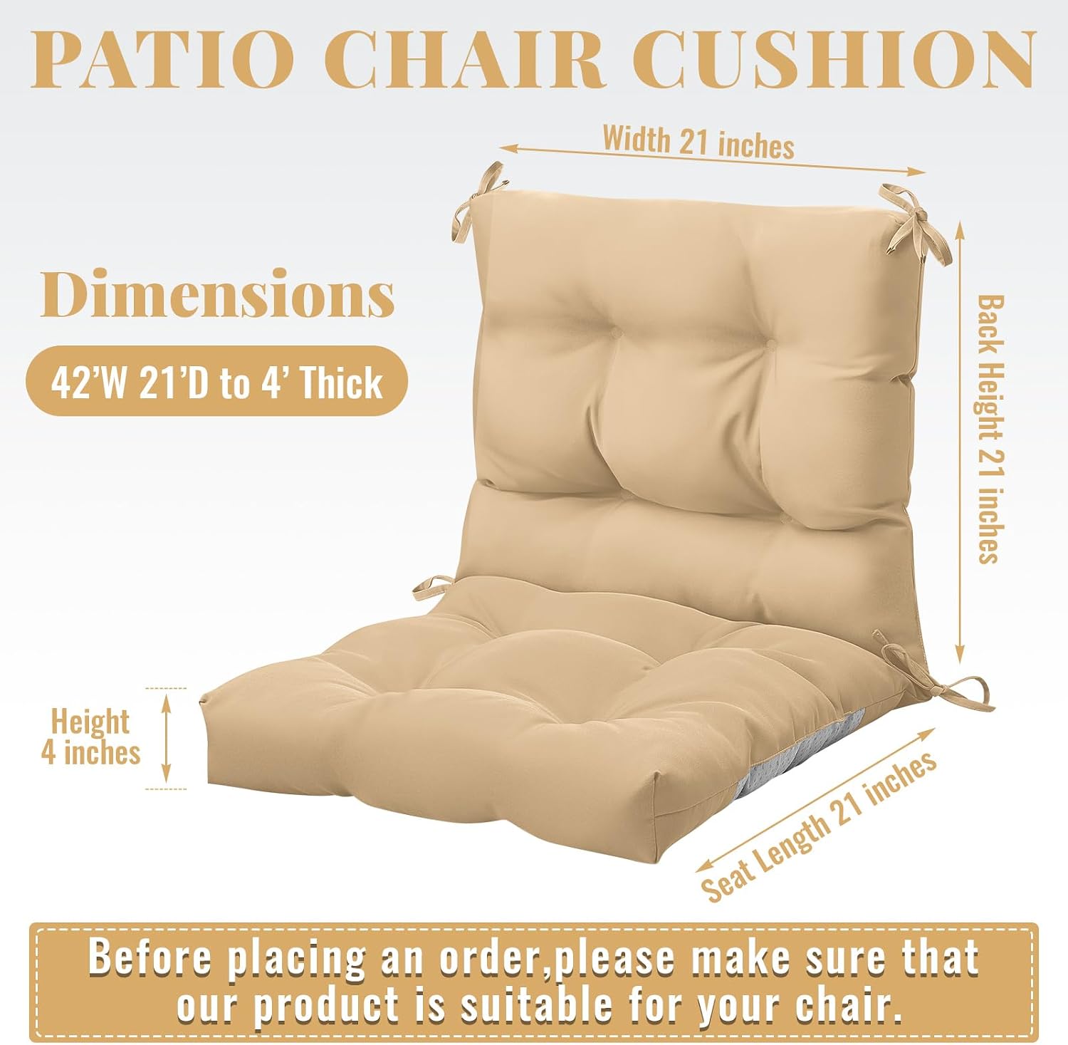 Marsui 4 Pcs Outdoor Indoor High Back Chair Cushions Patio Furniture Tufted Pillow with Ties Water-Resistant Replacement Outdoor Rocking Chair Cushions, 42 x 21 Inches (Beige,Solid Color)