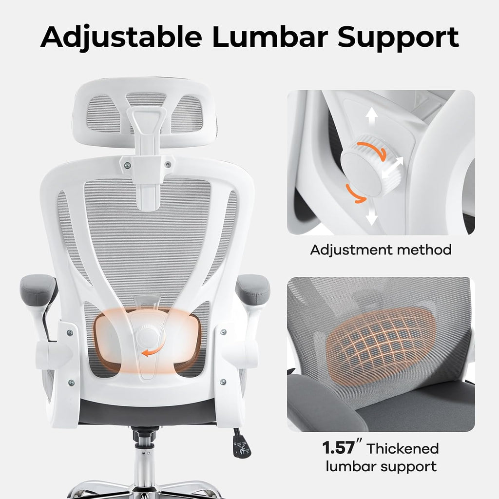 Office Chair Ergonomic Office Chair with Lumbar Support, Head Support, Rocking Function, FILP-up Armrests, Mesh High Back Chair Home Office Desk Chair, Suitable for Home, Office, Grey