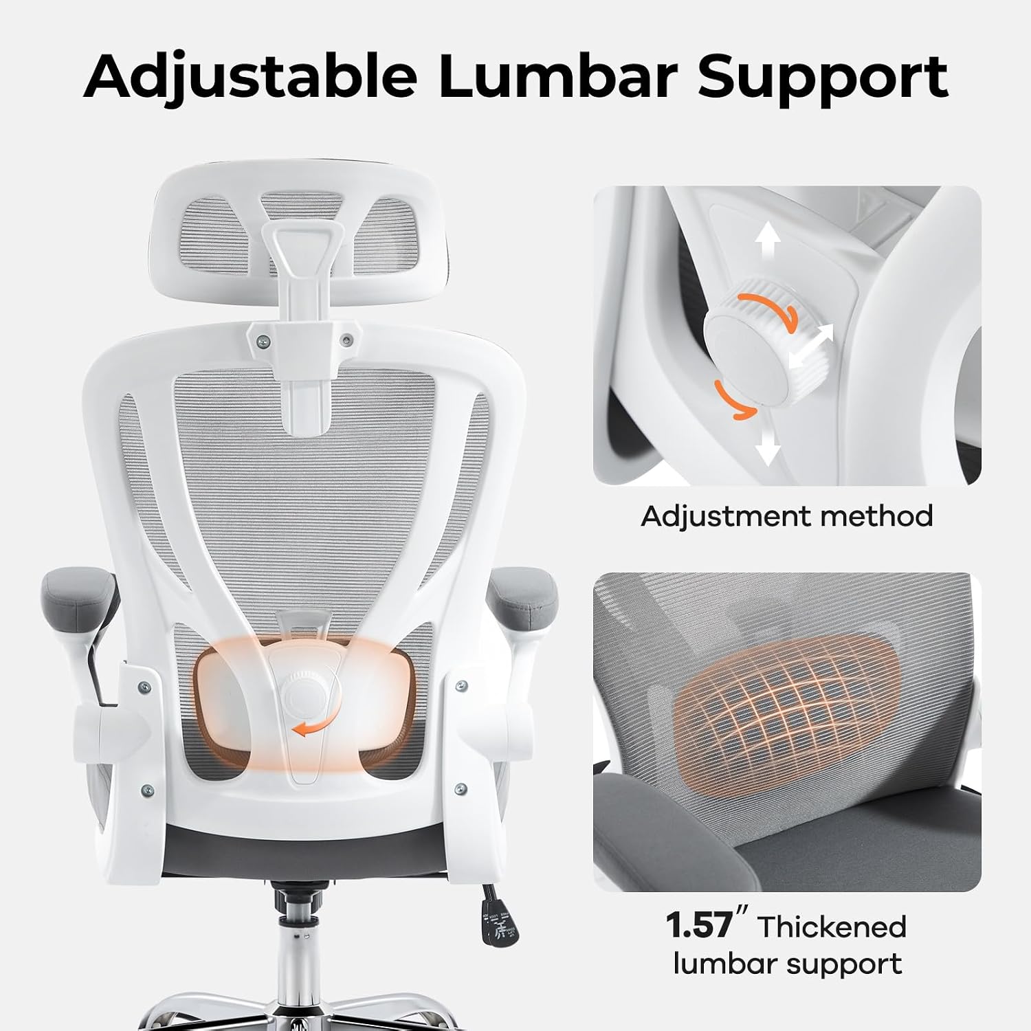 Office Chair Ergonomic Office Chair with Lumbar Support, Head Support, Rocking Function, FILP-up Armrests, Mesh High Back Chair Home Office Desk Chair, Suitable for Home, Office, Grey