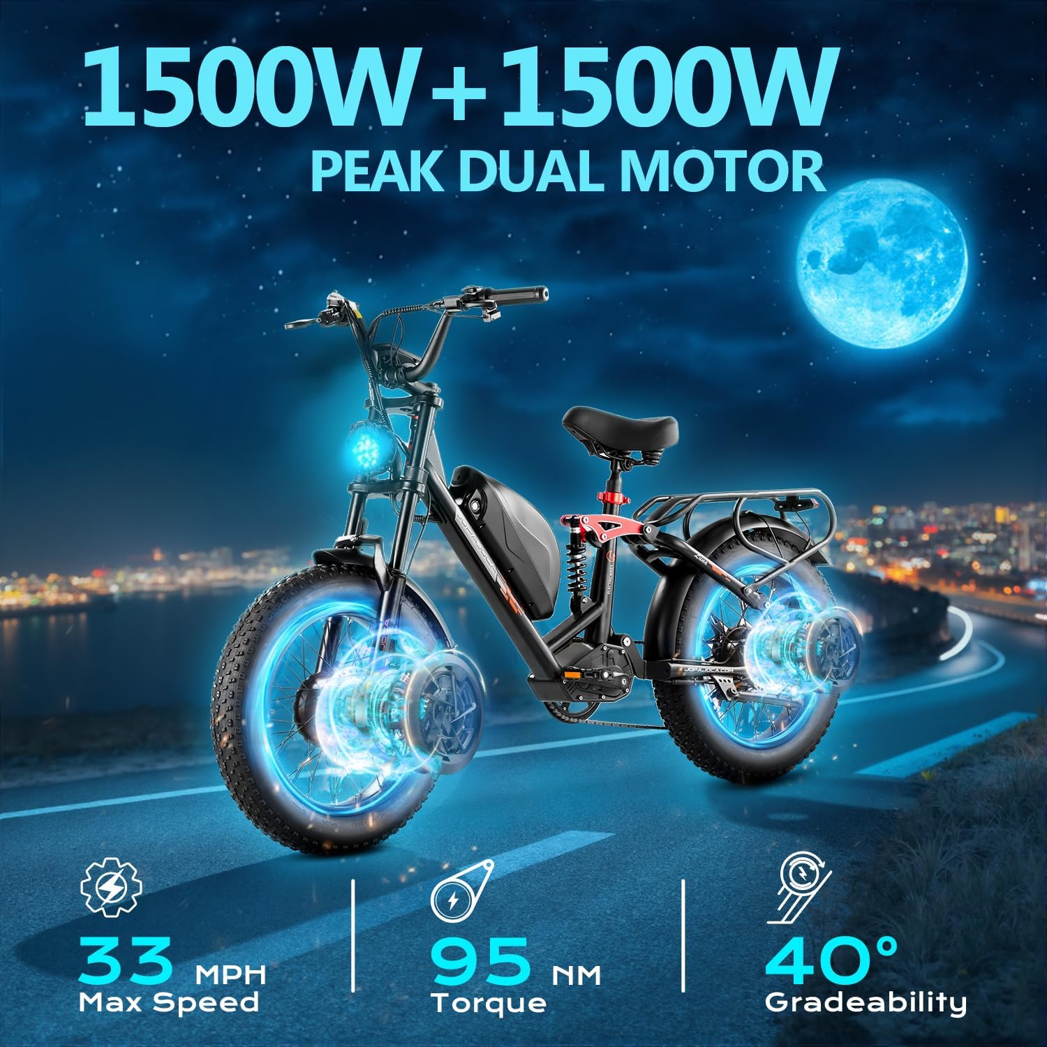 eAhora Terra/Luna [2025] Dual Motor Electric Bike for Adult, 3000W/1500W | 33MPH | 20/15Ah | 80 Miles Long Range | 20'*4.0 Fat Tires | Full Suspension | for Coummute | Delivery | Women | Men