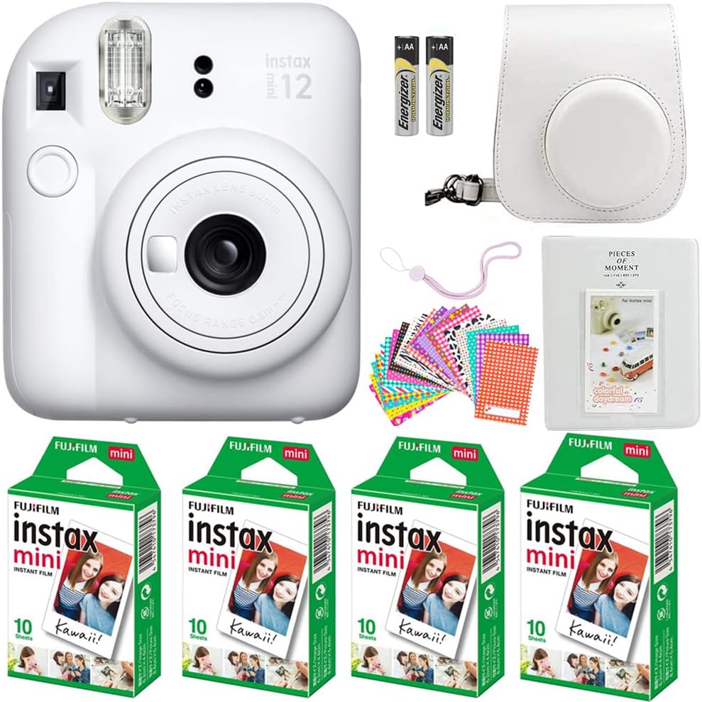 Fujifilm Instax Mini 12 Instant Camera Pastel Blue with Film Value Pack (40 Sheets) + Accessories Including Galaxy Carrying Case Strap, Photo Album, Stickers (White)