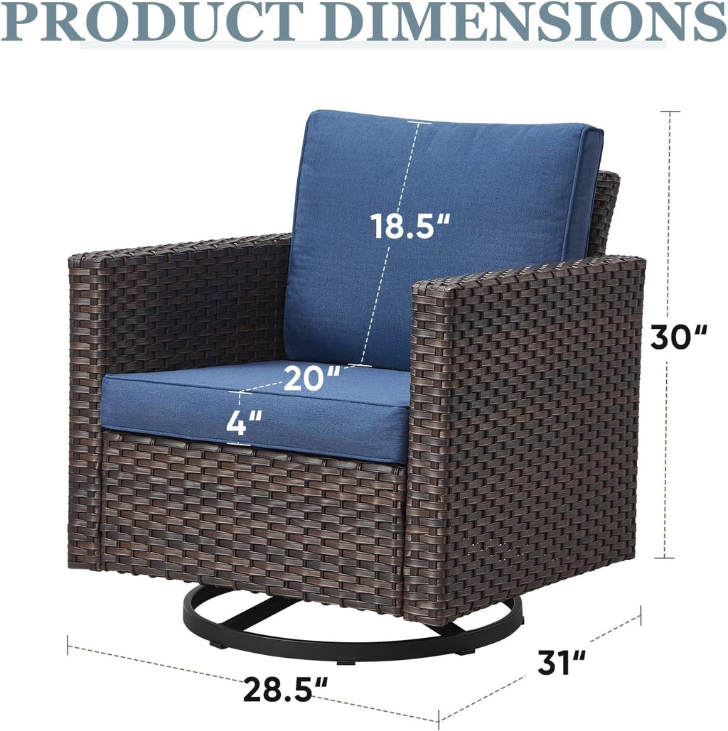 Patio Swivel Chairs,360 Degree Outdoor Swivel Glider Chair Set of 2 with High Back and Thickened Cushions for Deck Porch Garden Backyard-Brown/Blue