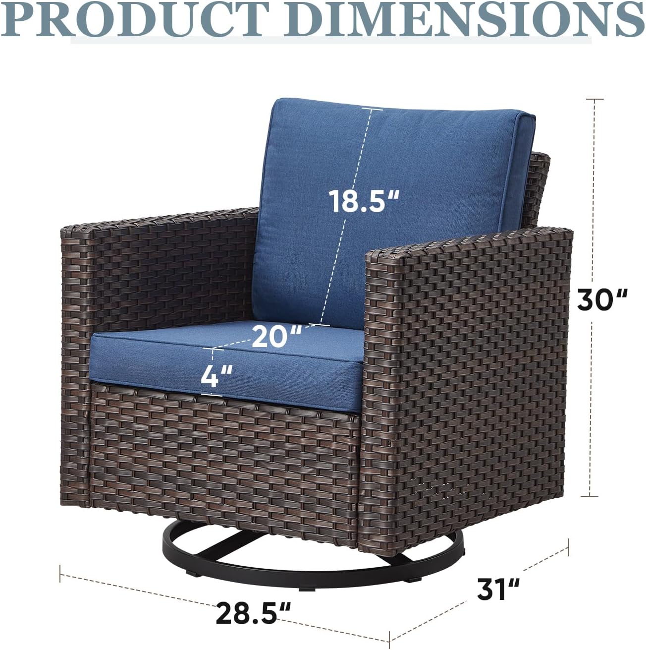 Patio Swivel Chairs,360 Degree Outdoor Swivel Glider Chair Set of 2 with High Back and Thickened Cushions for Deck Porch Garden Backyard-Brown/Blue