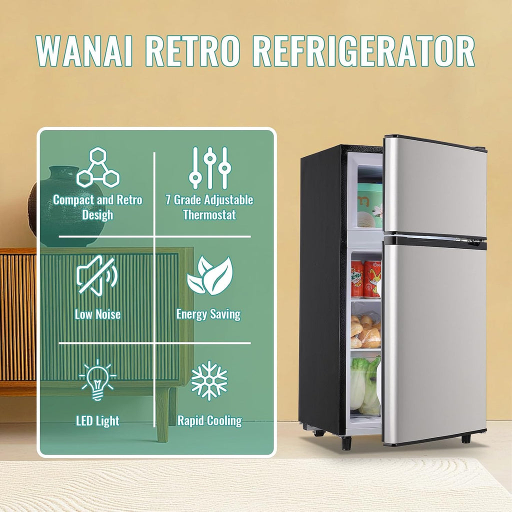 WANAI 3.5 Cu.Ft Mini Fridge with Freezer, Freestanding Refrigerator for Office, Dorm, Apartment, 7-Level Adjustable Thermostat, 2 Removable Shelves and Bakset, Small Fridge in Silver