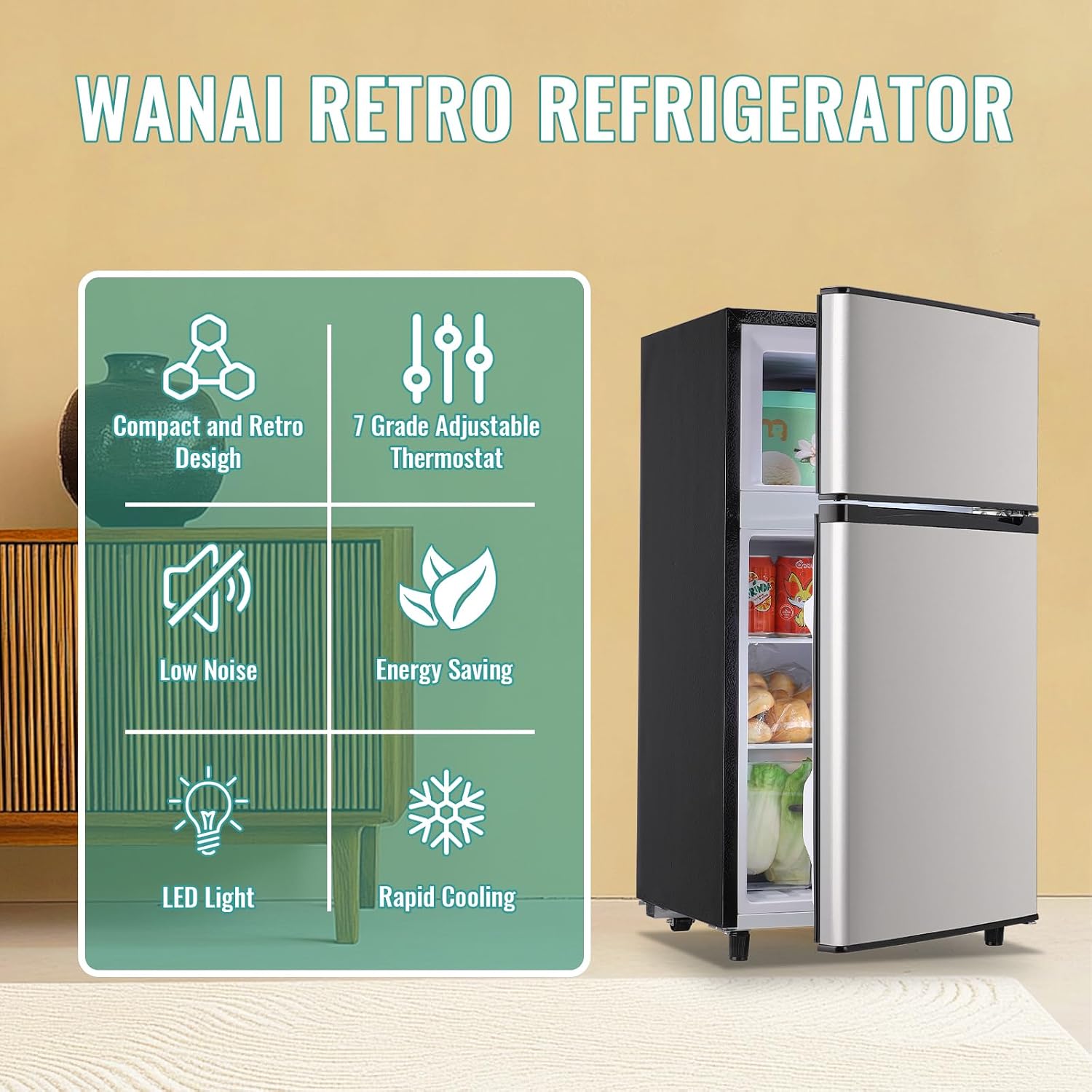 WANAI 3.5 Cu.Ft Mini Fridge with Freezer, Freestanding Refrigerator for Office, Dorm, Apartment, 7-Level Adjustable Thermostat, 2 Removable Shelves and Bakset, Small Fridge in Silver