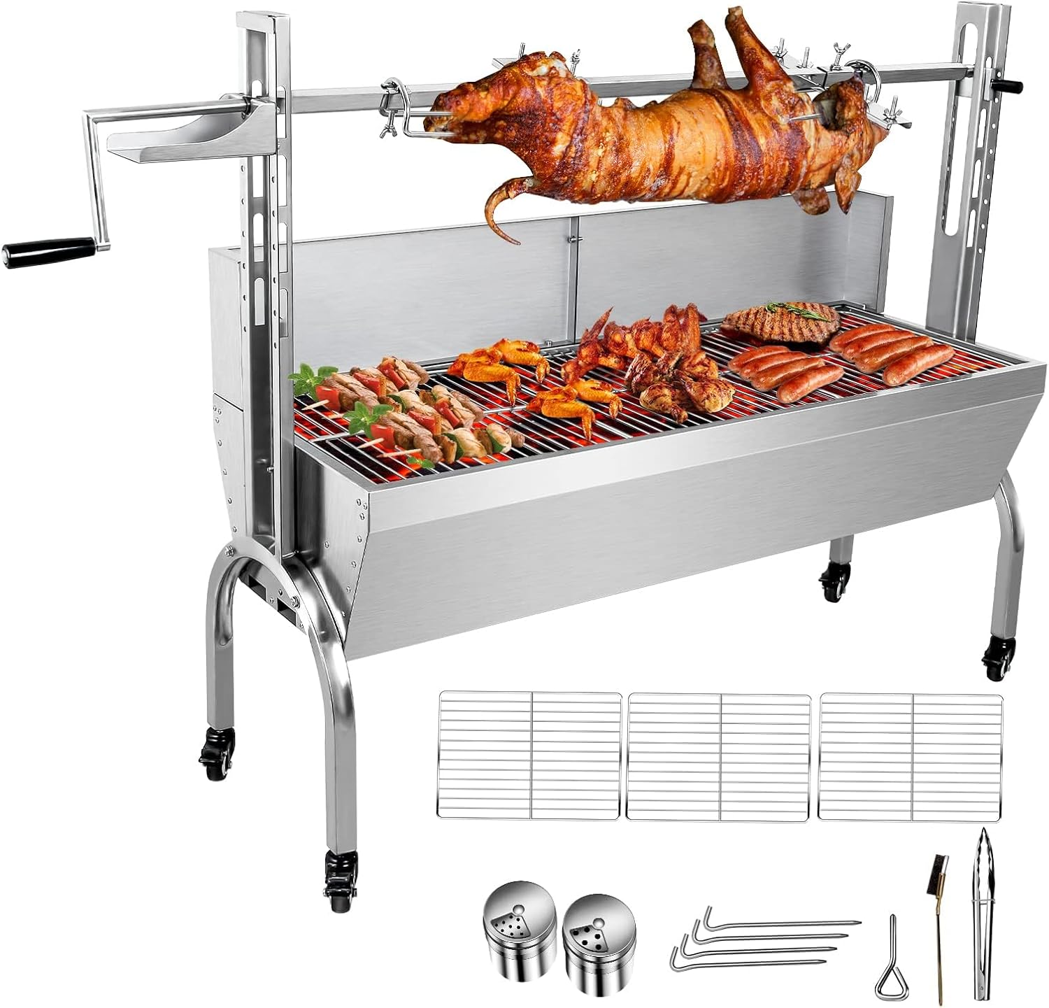 Stainless Steel Rotisserie Grill with Wind Deflector, 25W Motor Small Pig Whole Lamb Rotisserie Roaster, 80kg BBQ Charcoal Rotisserie Roaster Grill for Camping Outdoor Kitchen