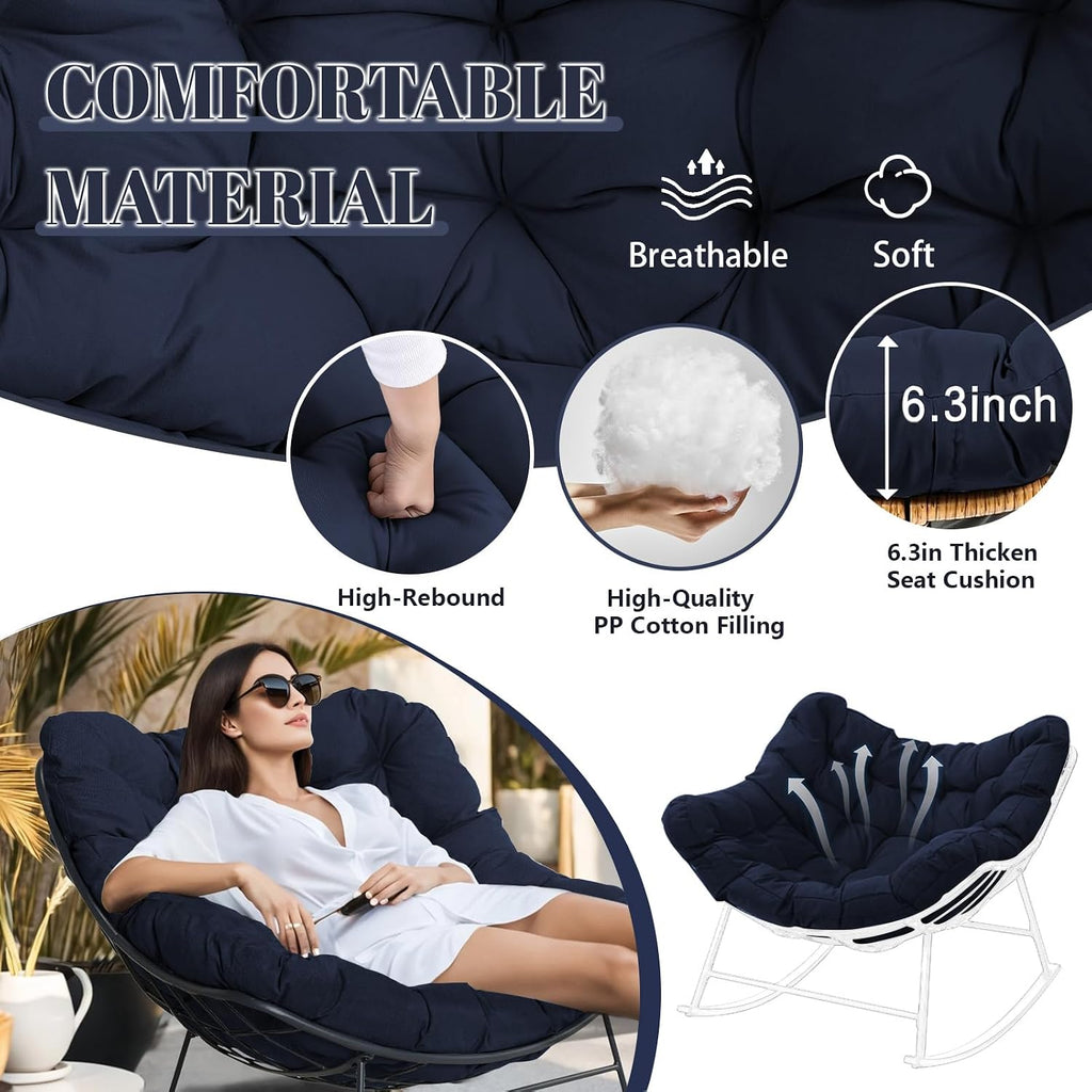 Outdoor Rocking Chair Cushions Replacement, 6''Thick Waterproof & Fade Resistant Papasan Chair Cushion with 6 Straps,Tufted Egg Chair Cushion for Indoor & Outdoor (Navy Blue)