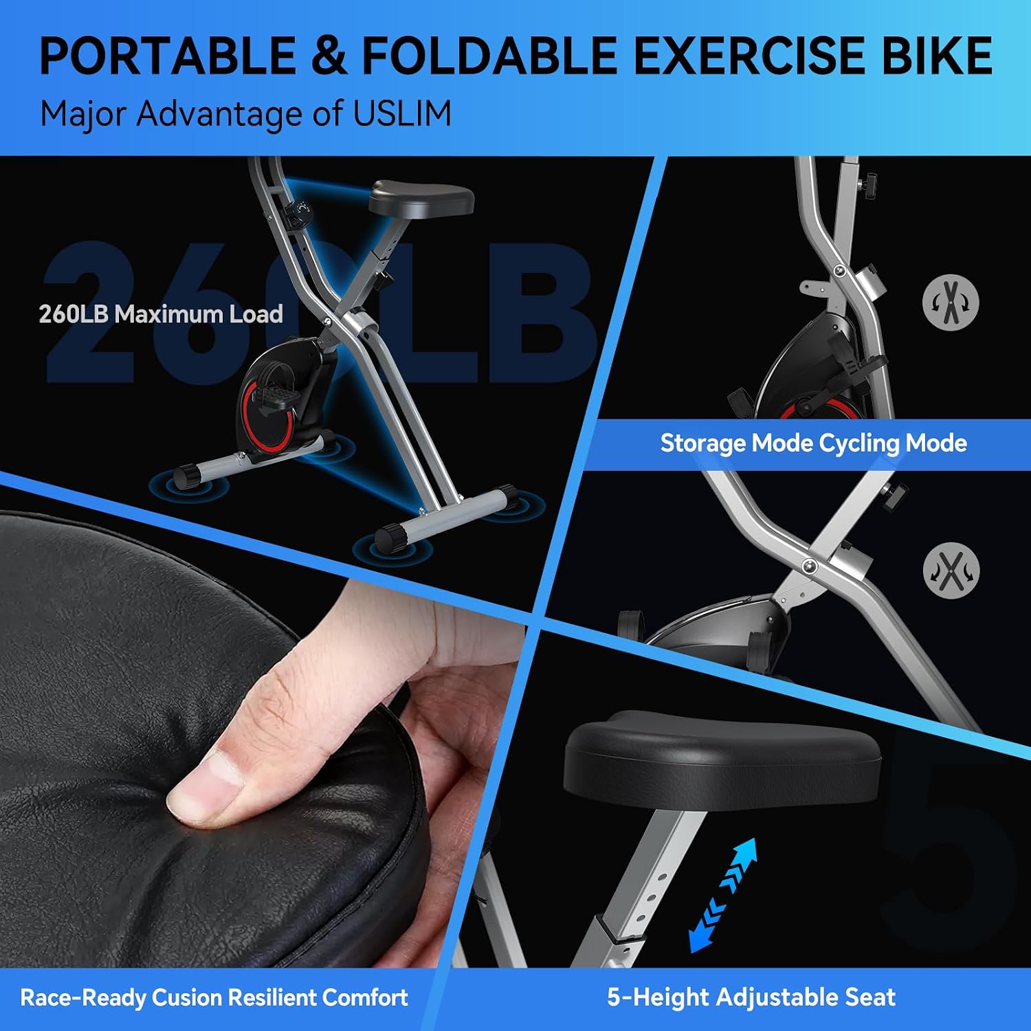 USLIM Foldable Exercise Bike Stationary Bikes for Home, 5 IN 1 Indoor Workout Bike, Cycling Bike with 16-Level Quiet Magnetic Resistance, 6.6 LBS Flywheel and 300LBS Capacity for Senior and Home Workout