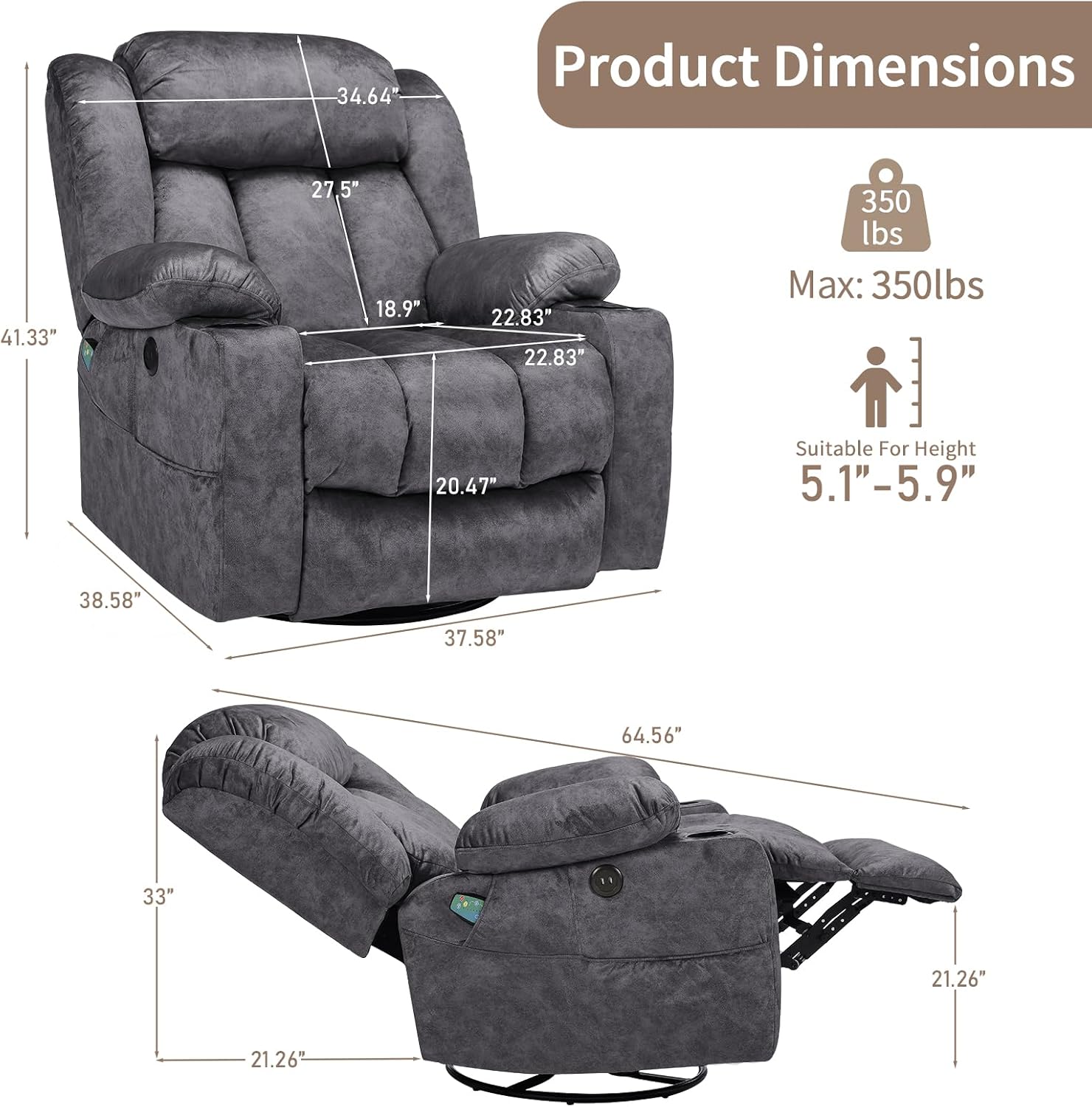 Swivel Rocker Recliner Chair with Heat and Massage, Manual Glider Rocking Reclining Chair, 360° Swivel Overstuffed Lounge Chair with 2 Cup Holders, Side Pockets & USB Ports, Fabric Grey