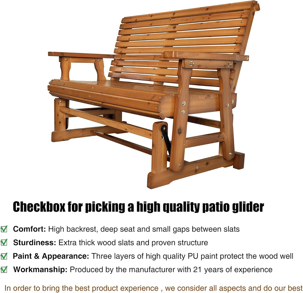Fortune Candy Wooden Patio Glider with High Roll Back and Deep Contoured Seat, Solid Fir Wood, 2-Seater, Heavy Duty 800 LBS, 4 Ft. (PU Brown)