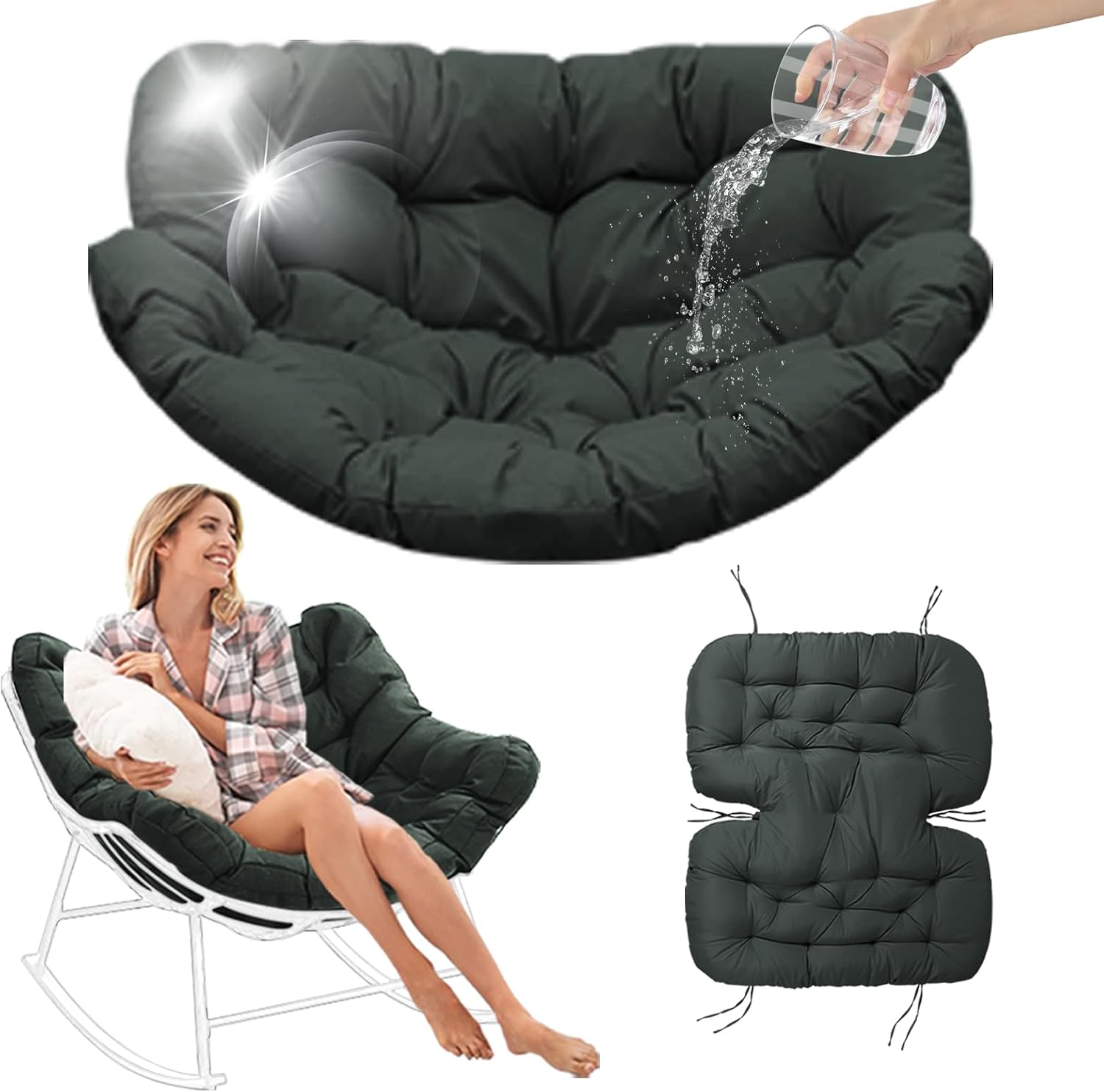 Outdoor Rocking Chair Cushions Replacement, 6''Thick Waterproof & Fade Resistant Papasan Chair Cushion with 6 Straps,Tufted Egg Chair Cushion for Indoor & Outdoor (Dark Gray)