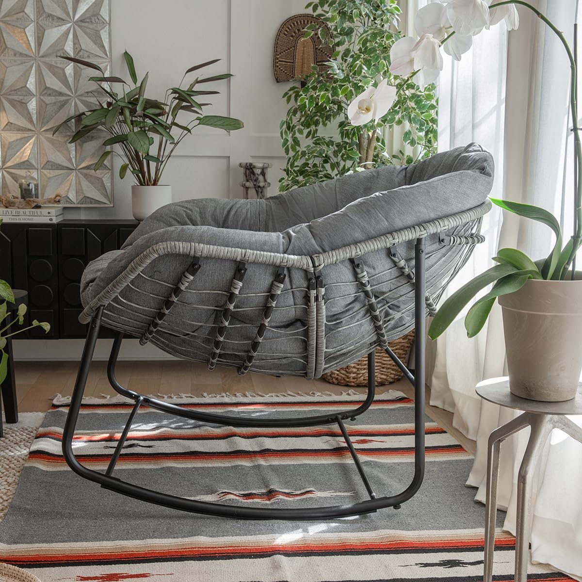 Barton Rocking Chair Outdoor Papasan Rocking Chair with Cushion Outdoor/Indoor Rocker Chair Patio Porch Garden Backyard, Grey