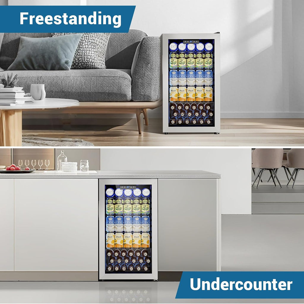 Velivi Mini Beverage Refrigerator 3.2 Cu. Ft Small Fridge 126 Can Lockable Drink Cooler with Glass Door, Safety Lock, For Beer Soda, Silver