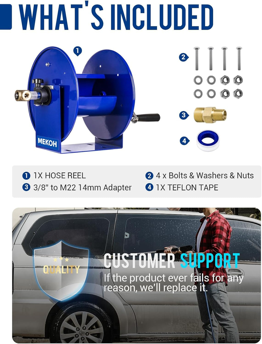 MEKOH Pressure Washer Hose Reel 100FTx3/8', 200FTx1/4' Manual Power Washer Hose Reel with M22 14mm Fitting,4500PSI Heavy Duty Hose Reel for Water,High Pressure Metal Reel with Wall/Van/Trailer Mount