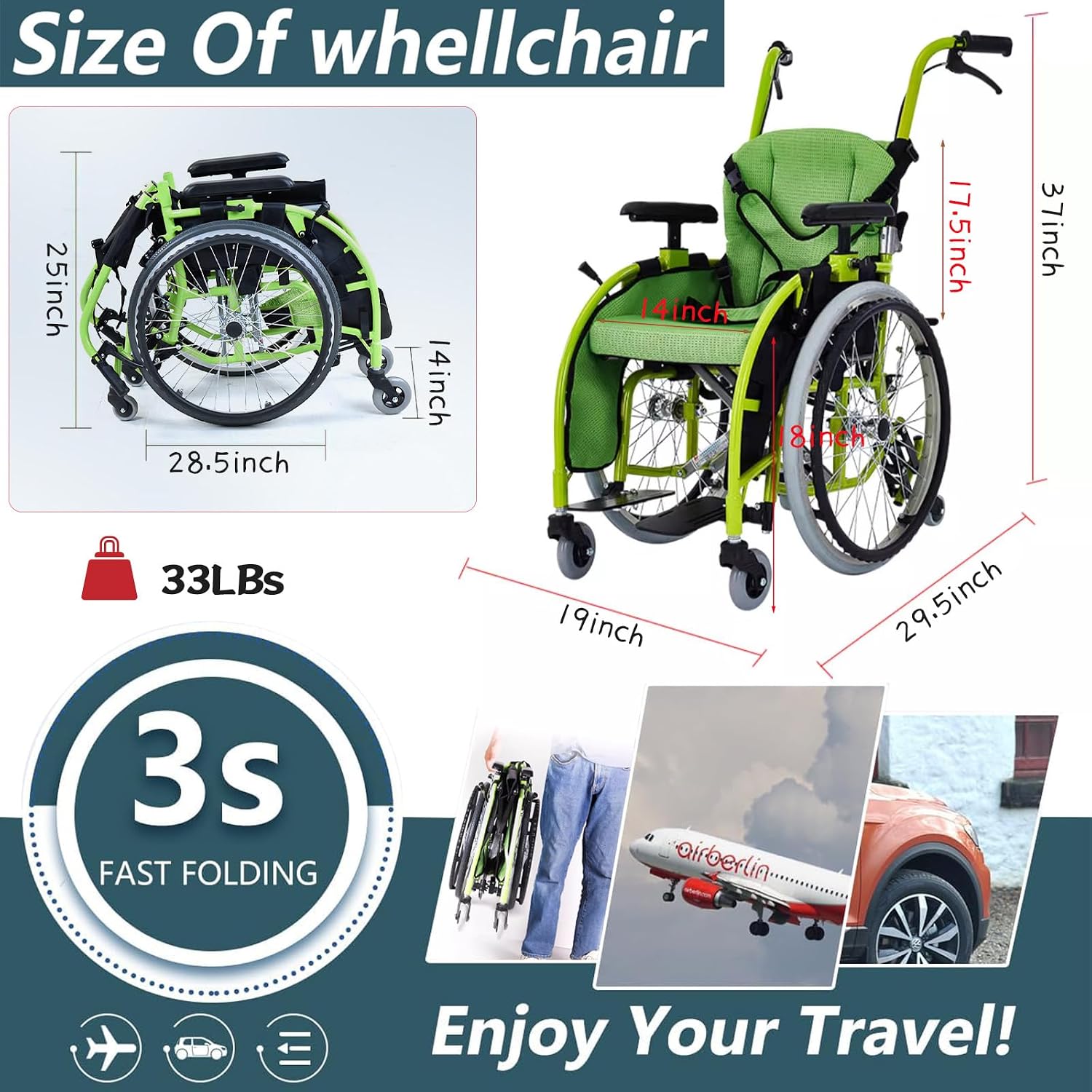 Pediatric Wheelchair for Kids & Children, Lightweight Aluminum Wheelchairs w/Safety Belt, Comfort and Mobility for Disabled Teens, Manual Folding Wheelchair w/Swing-Away Footrest, 14' W Seat