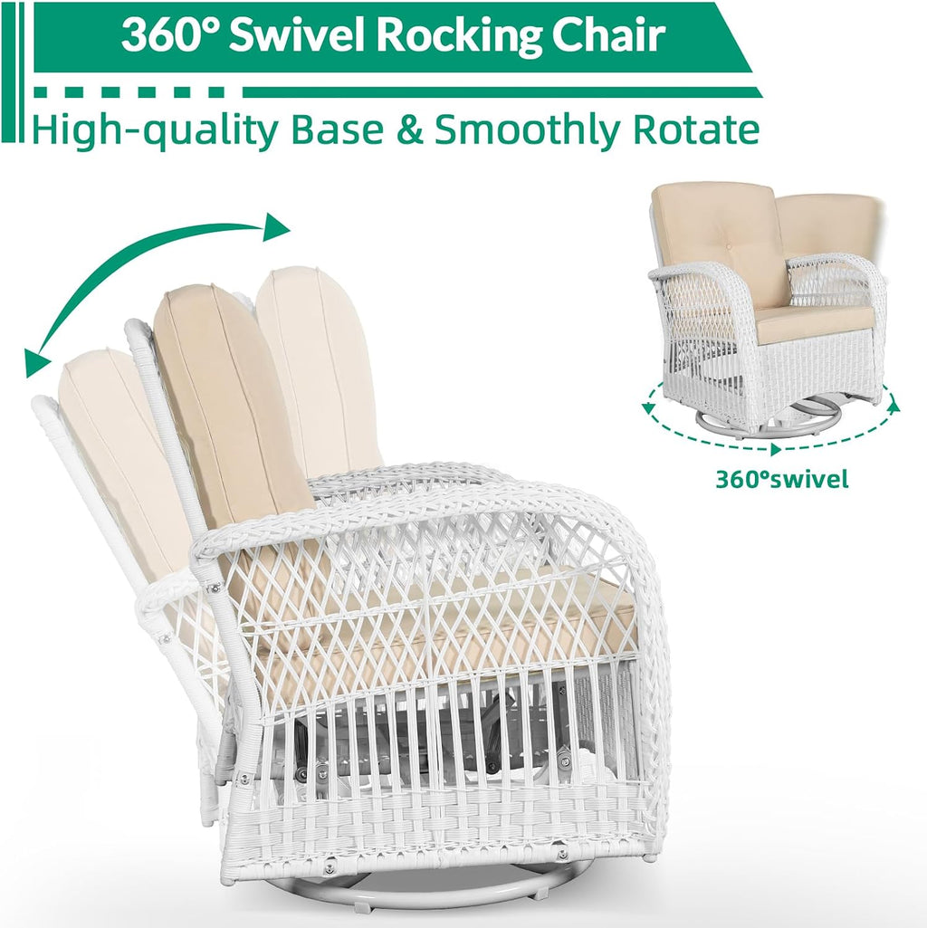 VIVIJASON 5-Piece Outdoor Patio White Wicker Conversation Sets, All Weather Outdoor Rattan Furniture Set Includes Glider Loveseat, 2 Coffee Table, 2 Swivel-Gliders Chairs with Cushions, Beige