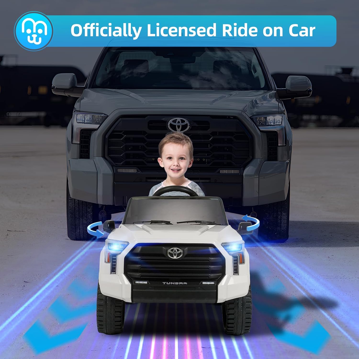 MINIATURE MOTORS Licensed Toyota Tundra Kids Ride on Truck Car Remote Control 12V 7Ah Battery Electric Car for Toddlers Trunk Bluetooth Music Player 4 Wheel Full Suspension Gift for Boys Girls-White