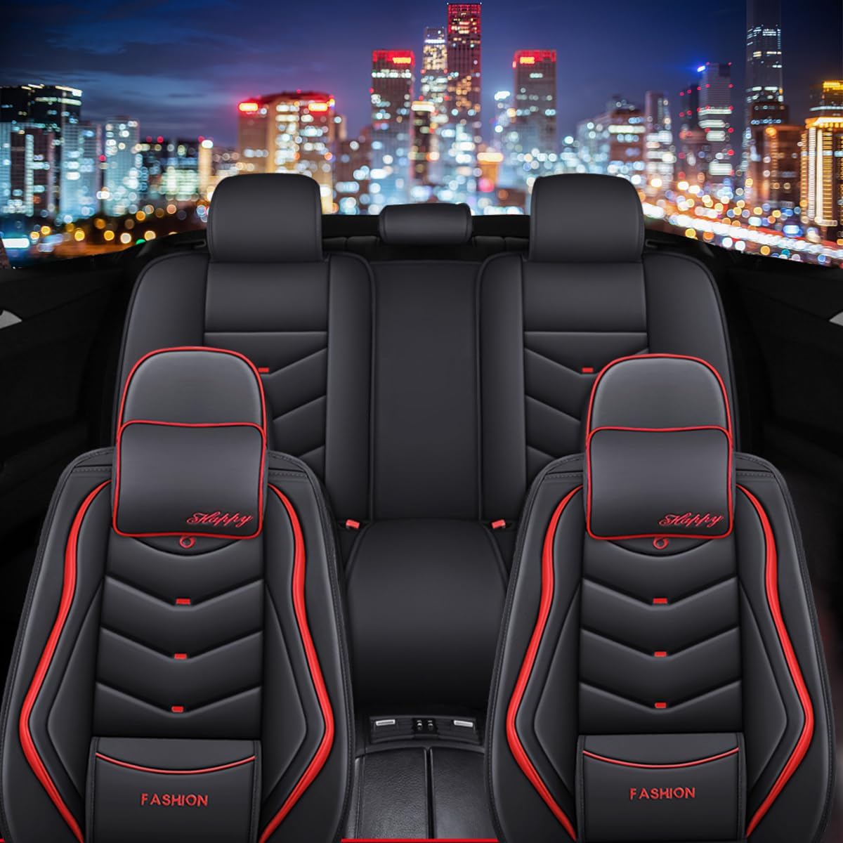 Car Seat Covers Full Set for Hyundai Accent 2018-2022 Leather Seat Covers, Waterproof Non-Slip Breathable Wear Seat Cover, Car Seat Protector Adapted Airbags（Luxury, Black+Red）