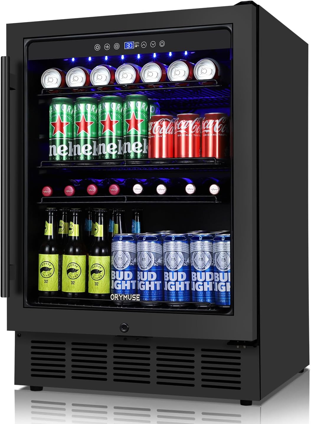 ORYMUSE Beverage Refrigerator 24 Inch, 180 Can Drink Fridge with Glass Door, Under Counter or Freestanding Beverage Cooler for Soda, Beer, Wine – Quiet Cooling for Kitchen, Bar, Office, Black