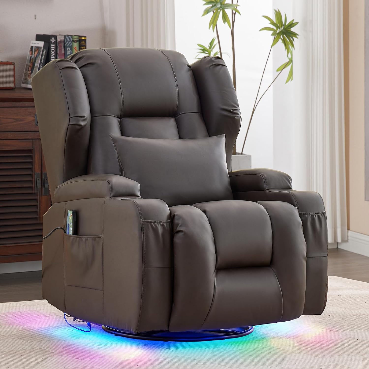 Power Swivel Rocker Recliner Chair with Massage & Heat, Dual Motor Electric Glider Rocking Recliner with USB Ports, Cup Holders & LED Light for Living Room, Home Theater (Brown PU)