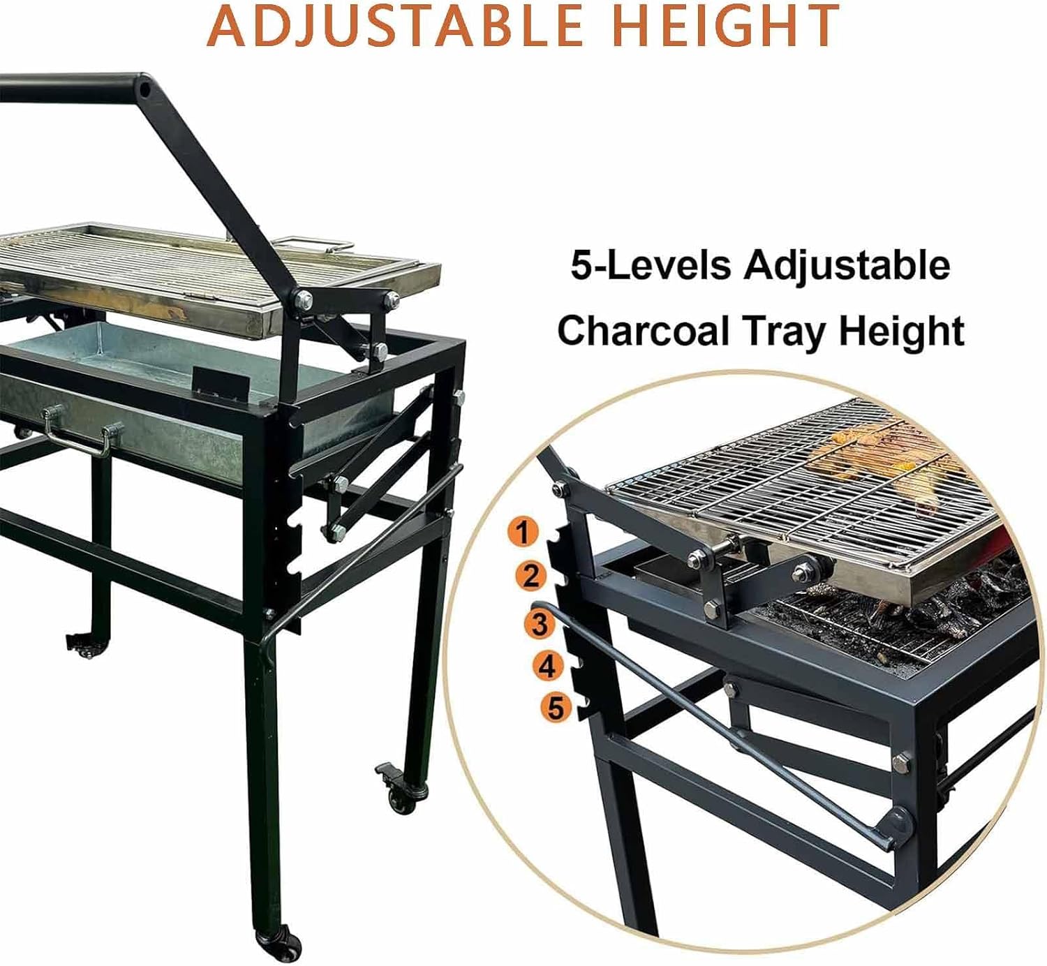 Portable Charcoal Grill,Rotating Barbecue Grill w/Wheels,Stainless Steel Cooking Grids,Adjustable Charcoal Tray,for Camping,Patio & Backyard Parties
