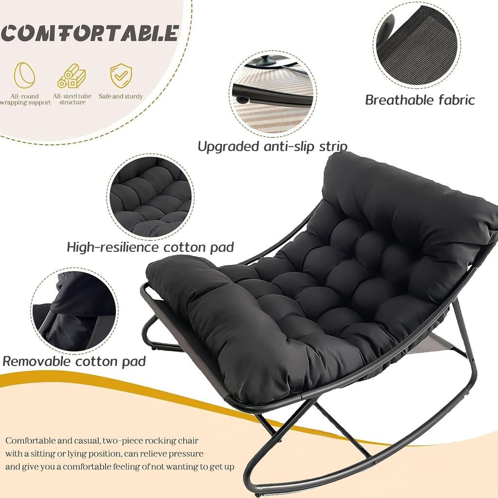 Oversized Patio Rocking Chair with Ottoman, Comfy Lounge Rocker Chair, Outdoor and Indoor Rocking Chairs with Deep Cushion, Metal Egg Chair for Living Room Porch Garden Balcony(Black1)