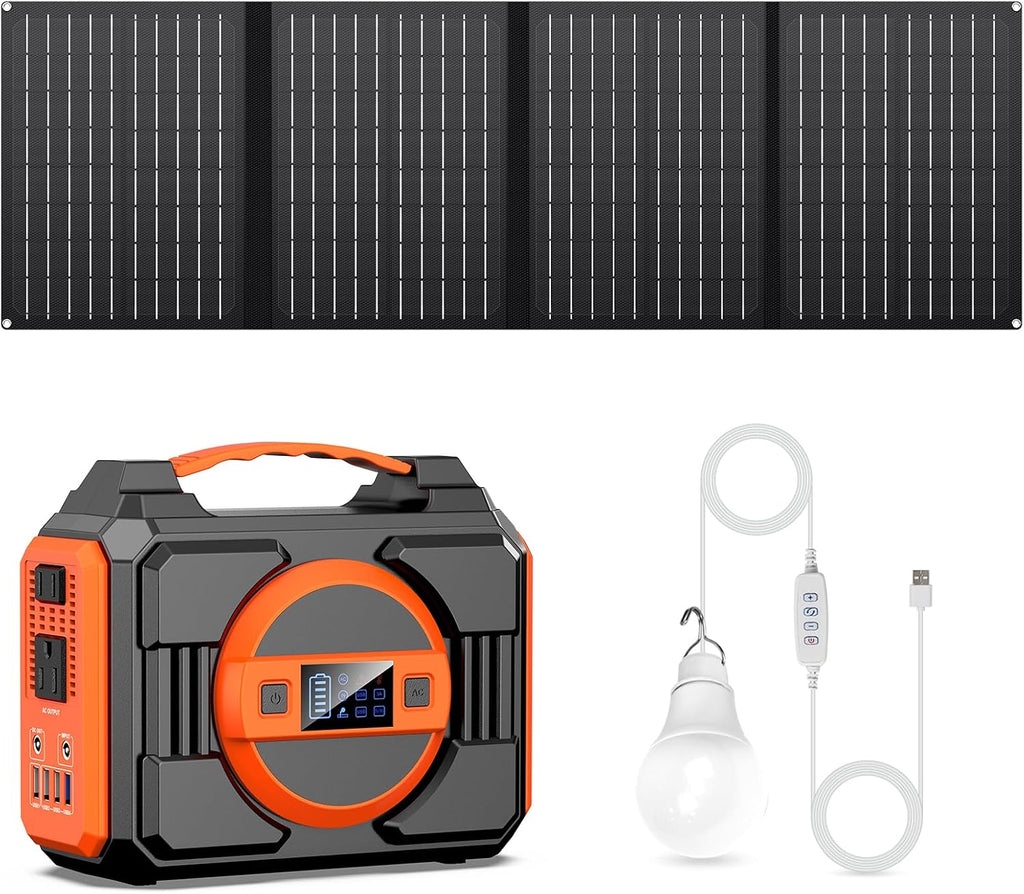 Solar Powered Generator 300W, Portable Solar Generator Power Station with Solar Panels 40W Included and 5 Watts USB Led Light Bulb