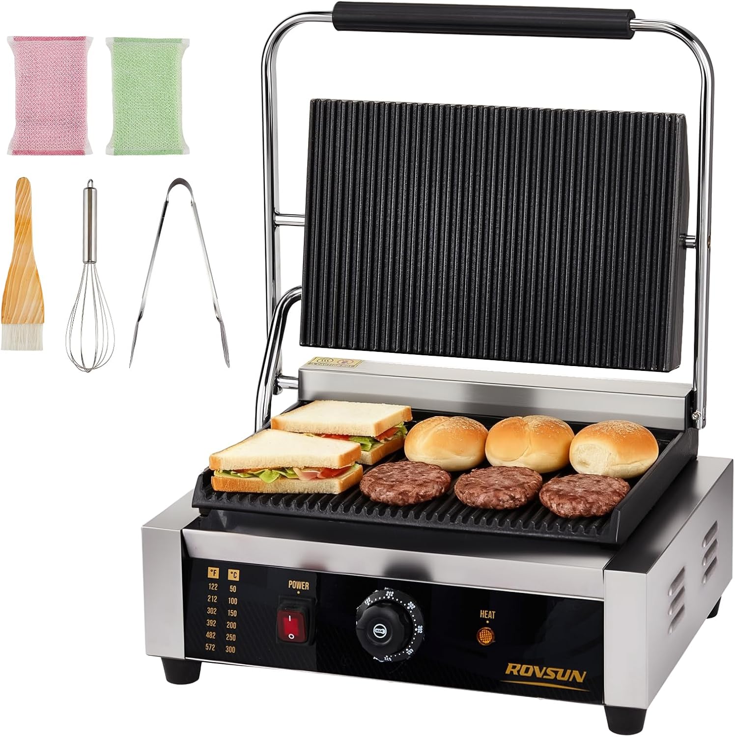 ROVSUN 811E Commercial Panini Press Grill, 2200W Stainless Steel Electric Countertop Sandwich Maker with Adjustable Temp 122°F–572°F, For Steak, Burgers, Home & Restaurant Use, 110V, Silver