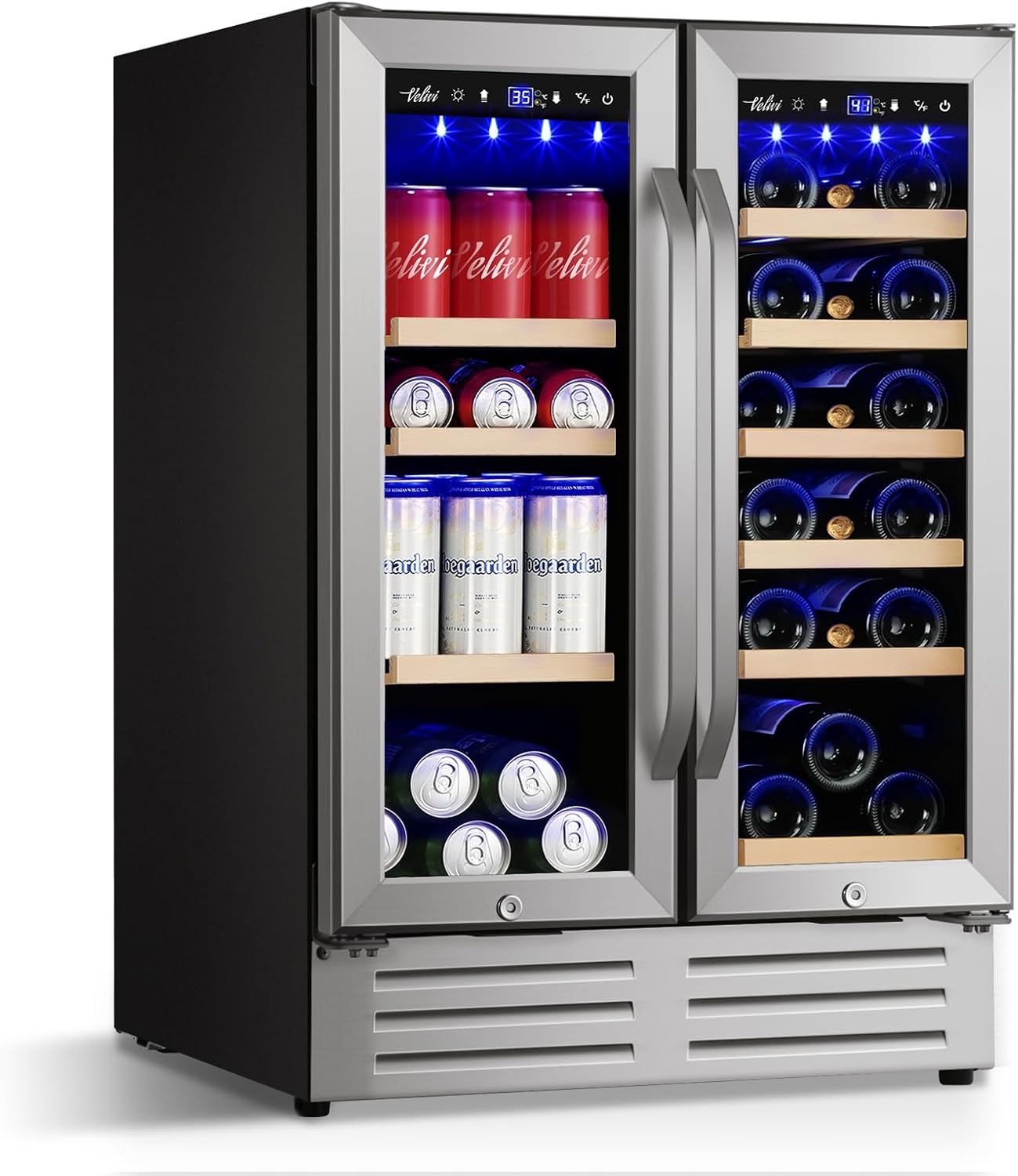 Wine and Beverage Refrigerator, 24 Inch Dual Zone Wine Beverage Cooler Under Counter with Glass Door&Lock, 18 Bottles and 68 Cans Large Capacity for Beer Soda Drink, Built-In or Freestanding Fridge