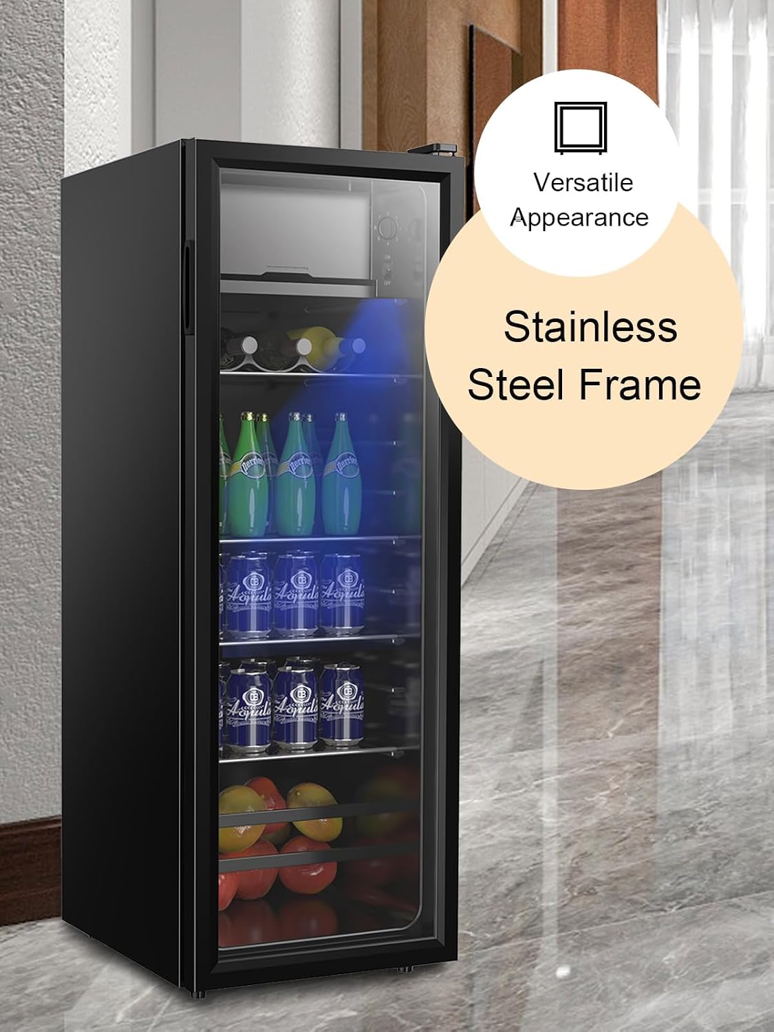KRIB BLING Beverage Refrigerator with Freezer 180 Can Freestanding Beverage Cooler with Adjustable Shelving Glass Door for Beer Soda or Wine Perfect for Home Office or Bar Black (KB03-FLB-120)