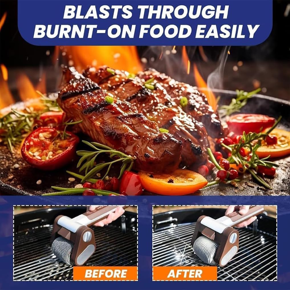 Electric Grill Cleaner, Cordless Rechargeable BBQ Tool with 350 RPM Stainless Roller, Bristle-Free 304 Stainless Steel Power Roller