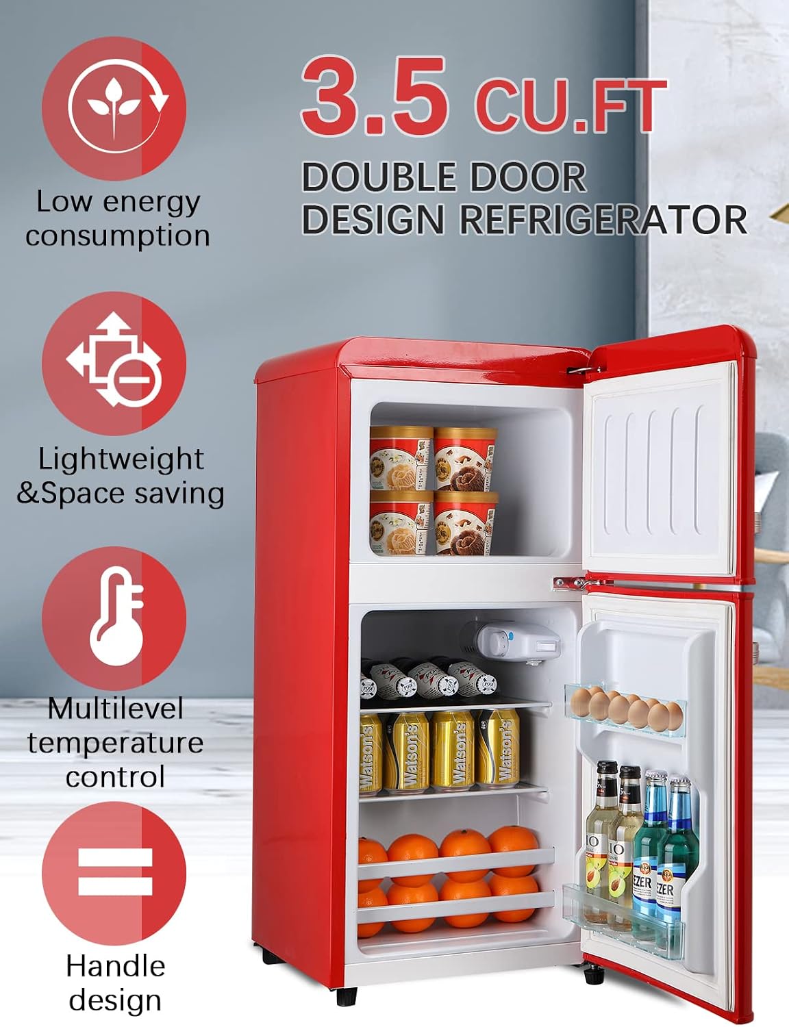 KRIB BLING 3.5 Cu.ft Refrigerators with Freezer, Fridge with 7 Level Temp Adjustable Thermostat, Fridge for Apartment, Office, Basement, Red
