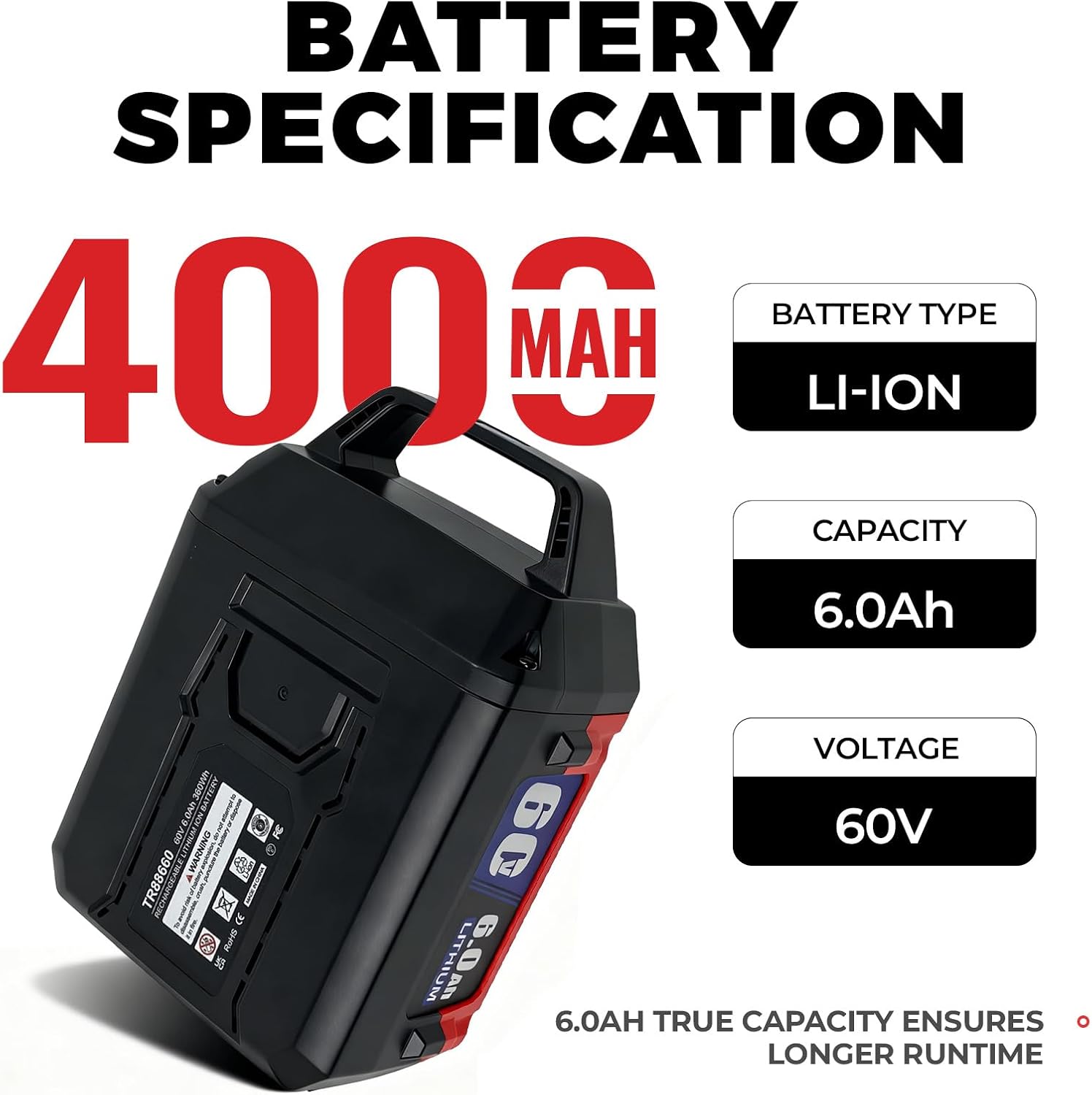 6.0Ah Replacement for Toro 60V Battery L108 L135 L216 L405 88620 88625 88660 88675 Chainsaw Cordless Lawn Mower Hair Dryer Power Tool, Compatible with Toro Flex Force 60 Volt Max Series (60V 6000mAh)