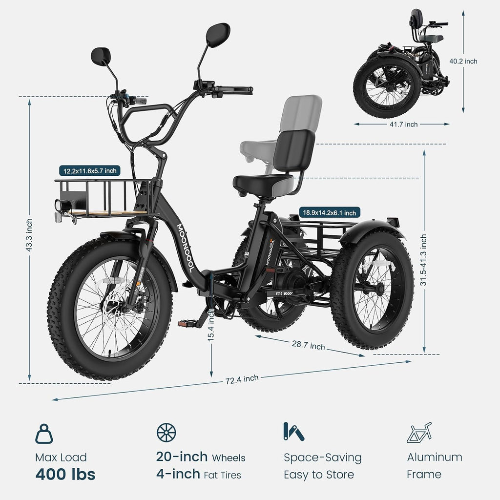 MOONCOOL 500W 4' Fat Tire Electric Tricycle for Adults, 48V 14.5Ah All-Terrain Aluminum 20' E-Trike, Front Suspension, 7-Speed, 400lbs Max Payload