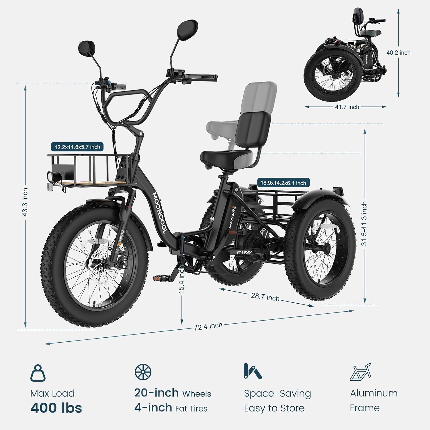 MOONCOOL 500W 4' Fat Tire Electric Tricycle for Adults, 48V 14.5Ah All-Terrain Aluminum 20' E-Trike, Front Suspension, 7-Speed, 400lbs Max Payload