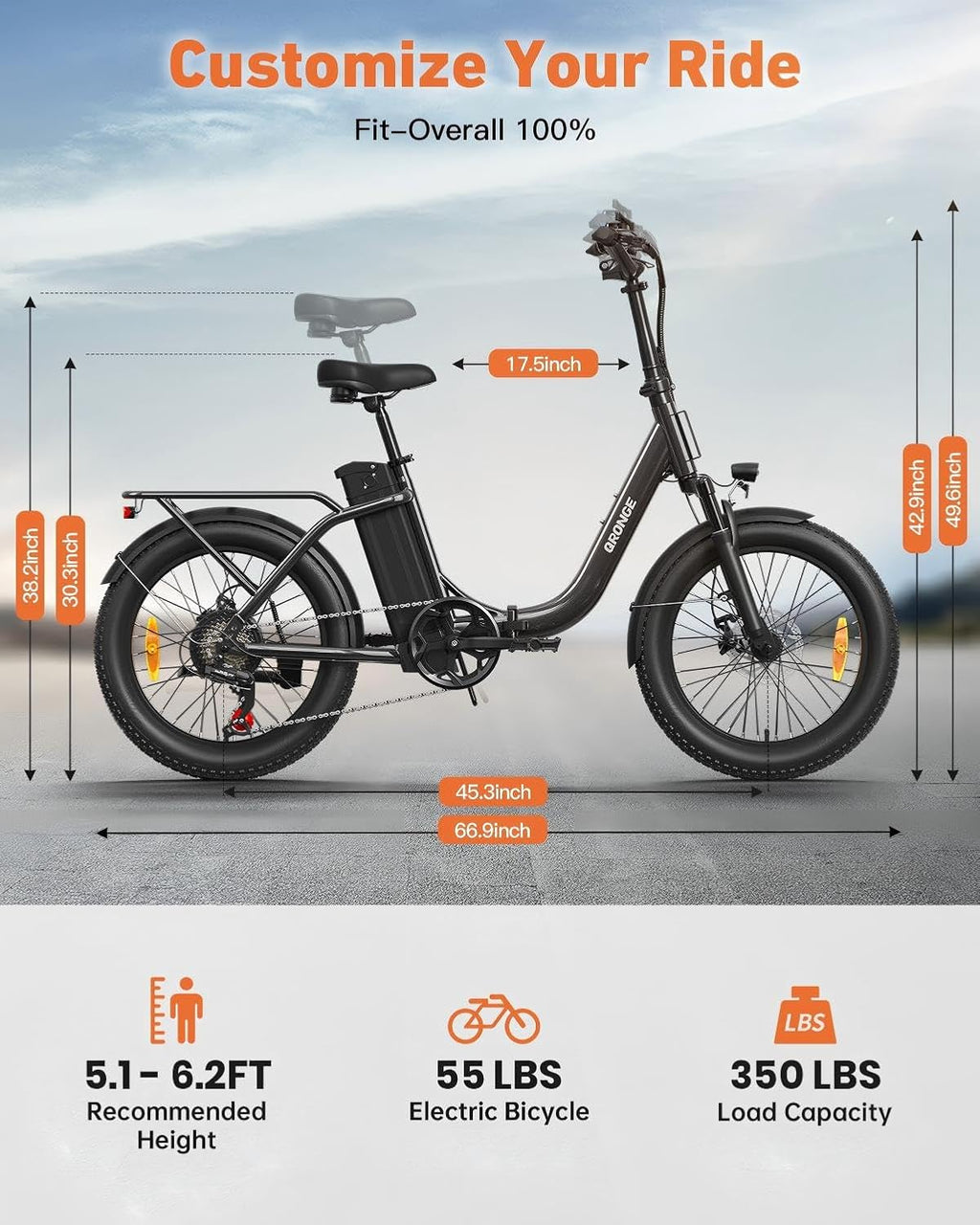 QRONGE Electric Bike, 1000W Peak Folding Electric Bike, 486Wh 70 Miles Range Ebike, Waterproof Removable Battery, 7 Speed, 25 MPH Max, 20' Step-Thru Bicycle with Front Basket